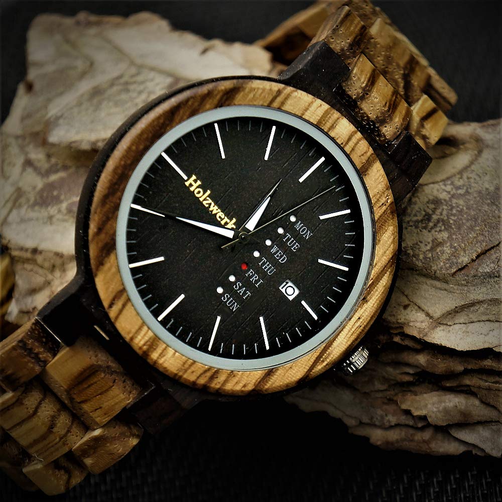 Holzwerk Germany Handgefertigte Matrix Herren Uhr Öko Natur Holzuhr Holz Armband Braun Schwarz Zebra Muster Analog Uhr Datum und Wochentag Anzeige Herrenuhr