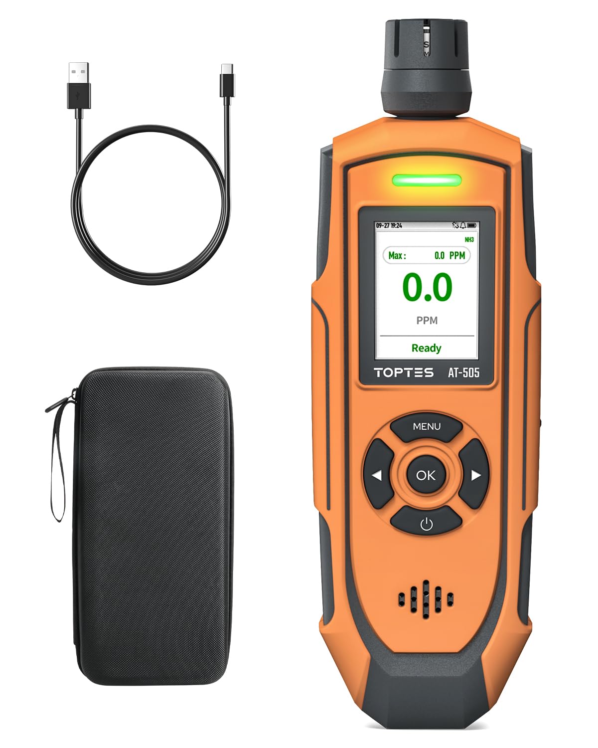 TOPTES AT-505 Rechargeable Ammonia Gas Detector, 0–100 PPM NH3 Monitor with Triple Alarm (Sound, Light & Vibration), Alarm Record & Adjustable Thresholds for Farm, Poultry, Pig & Livestock Use