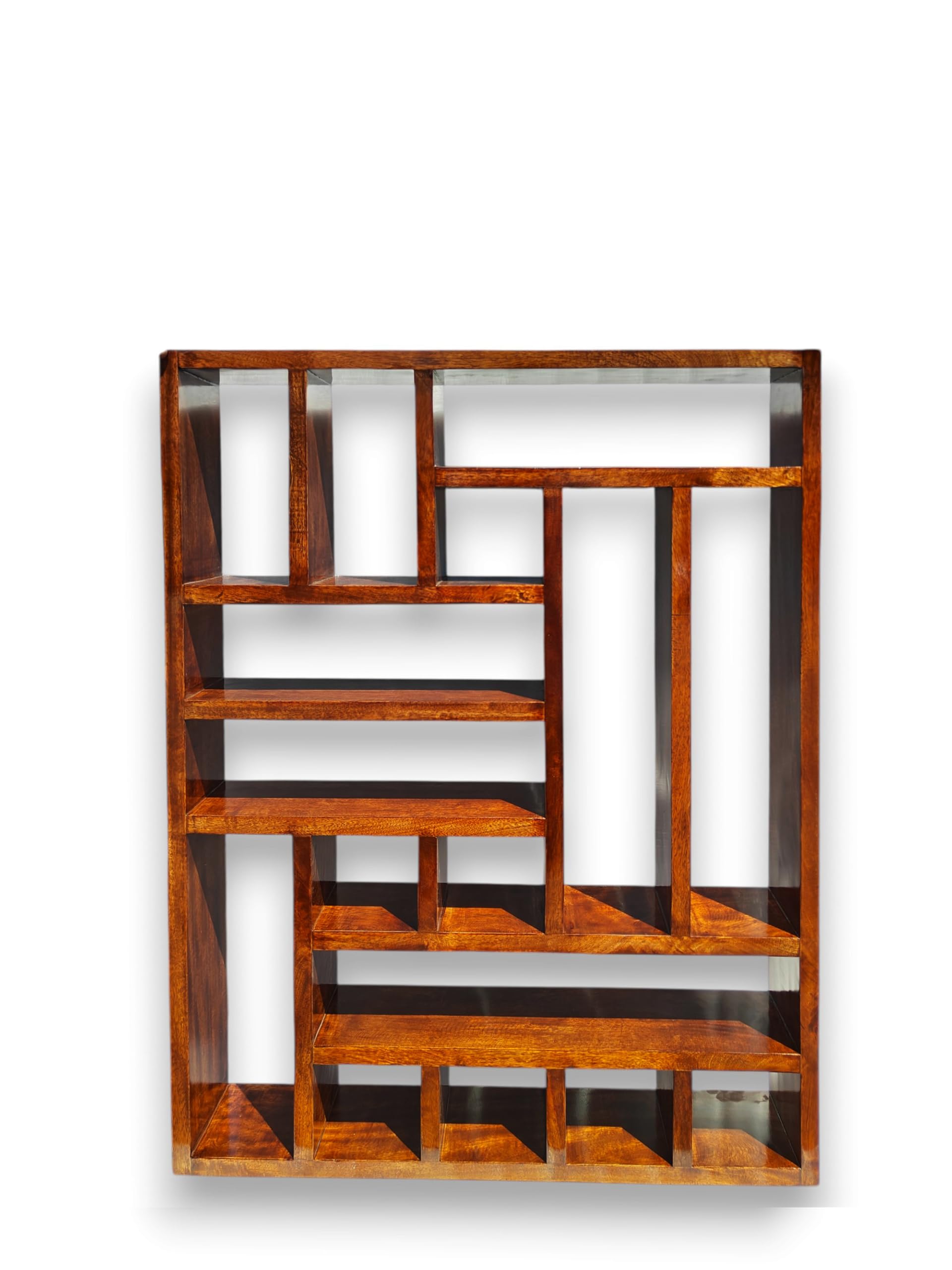 Geometric Abstract Mango Wood Wall Mount/Floor Mount Shelf - Modern Multi-Compartment Floating Display Rack for Living Room and Bedroom Home Decor-image-39