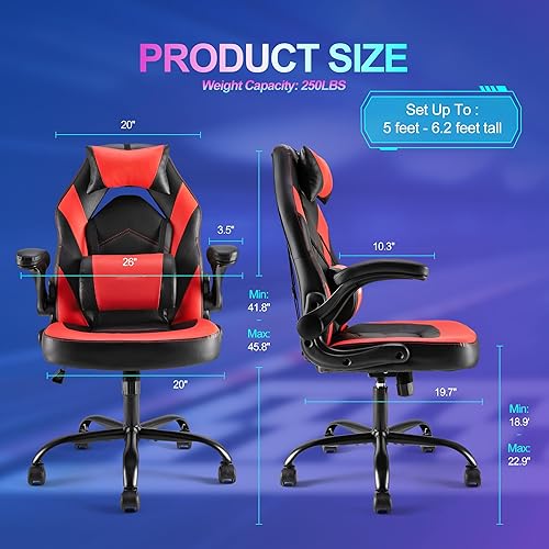 Miniatura 3 de Silla ergonómica de escritorio para juegos de computadora, piel sintética con soporte lumbar ajustable y reposacabezas, reposabrazos abatibles,