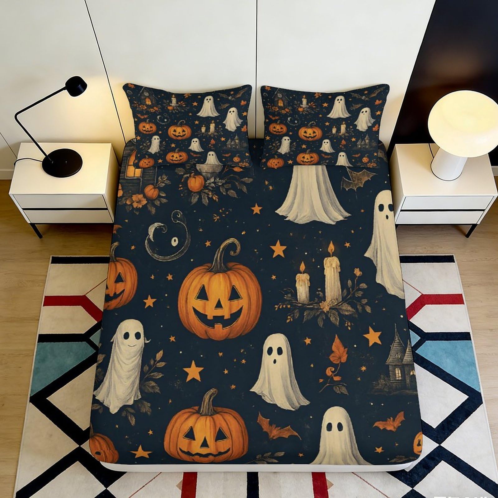 3D Printed Halloween Pumpkin Fitted Sheet Microfiber Soft Ghost Bed Cover for Bedroom Dorm Mattress Protection Decor 200x200x25cm