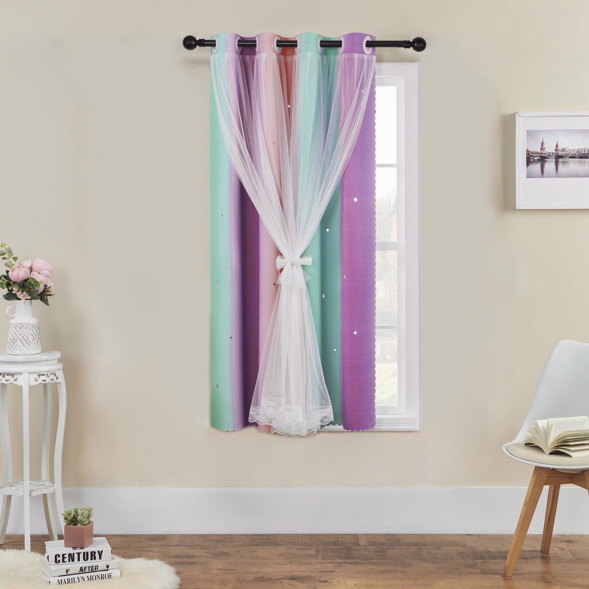 XiDi Unicorn Room Decor for Girls Bedroom, Purple Green Curtains for Kids Rooms, Window Drapes 42 Inchs Long 34 inches Wide 1 Panel