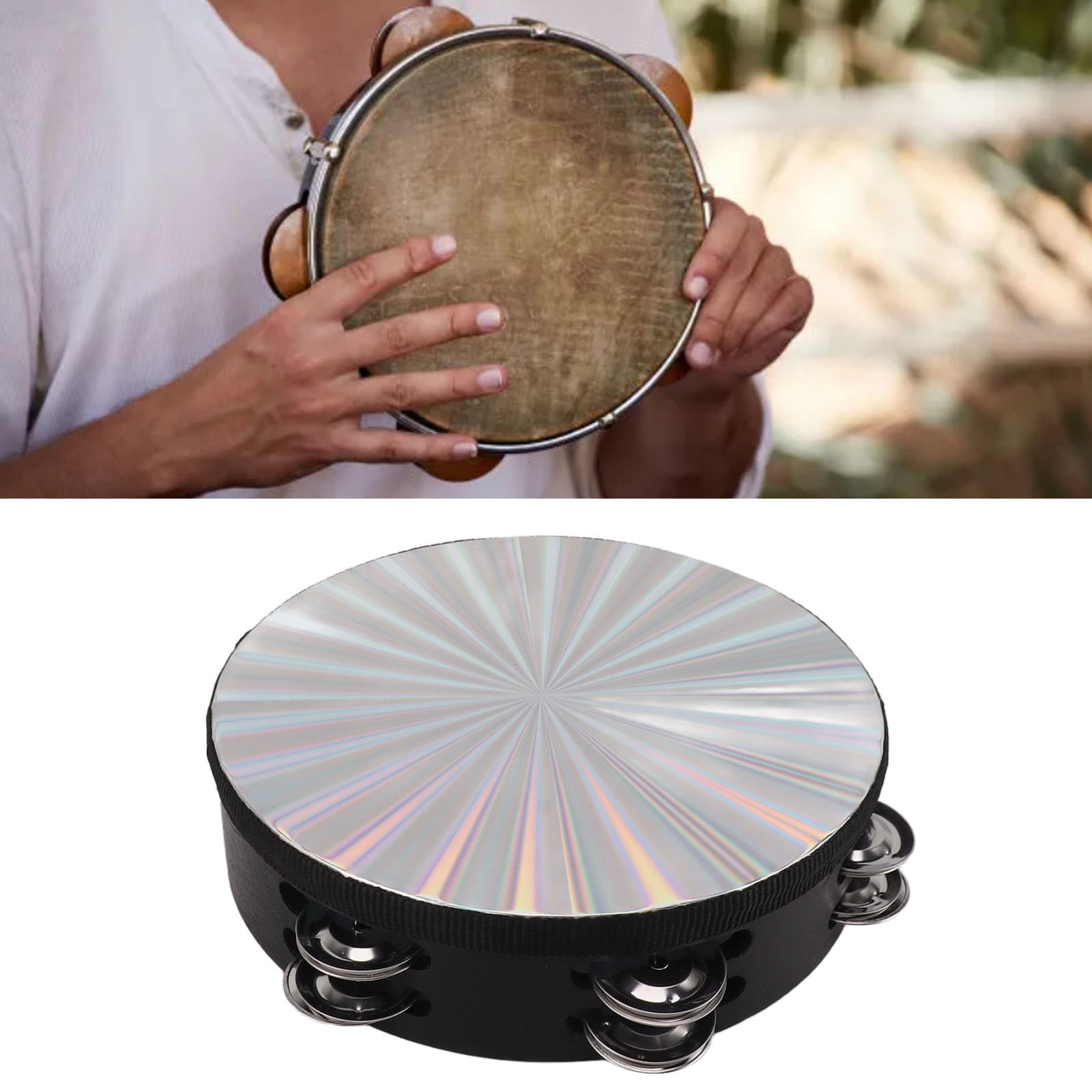 POYHKFD Tambourin à Main en Bois, Tambourin à Double Rangée de Jingles en Métal, Tambourin Radiant Percussion Tambour à Main Cloche Instrument de Musique pour Fête KTV Événements(8 Inch)