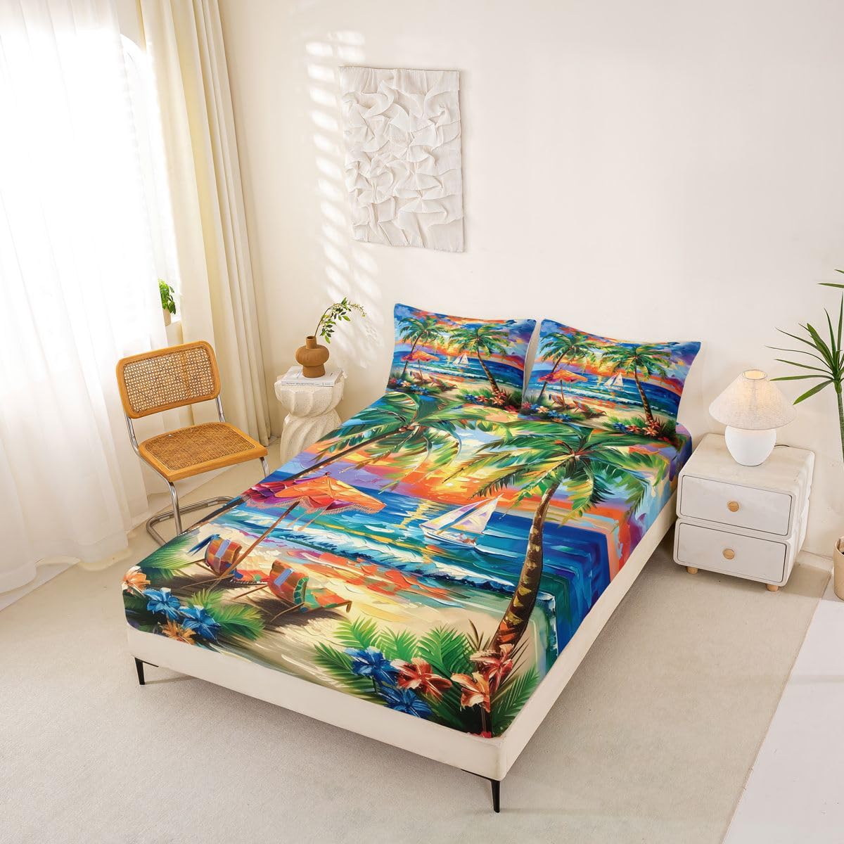 Juego de sábanas bajeras de playa tropical, tamaño King, con palmeras y sillas de playa, decoración de habitación para niños, adolescentes y adultos, juego de ropa de cama con diseño de velero