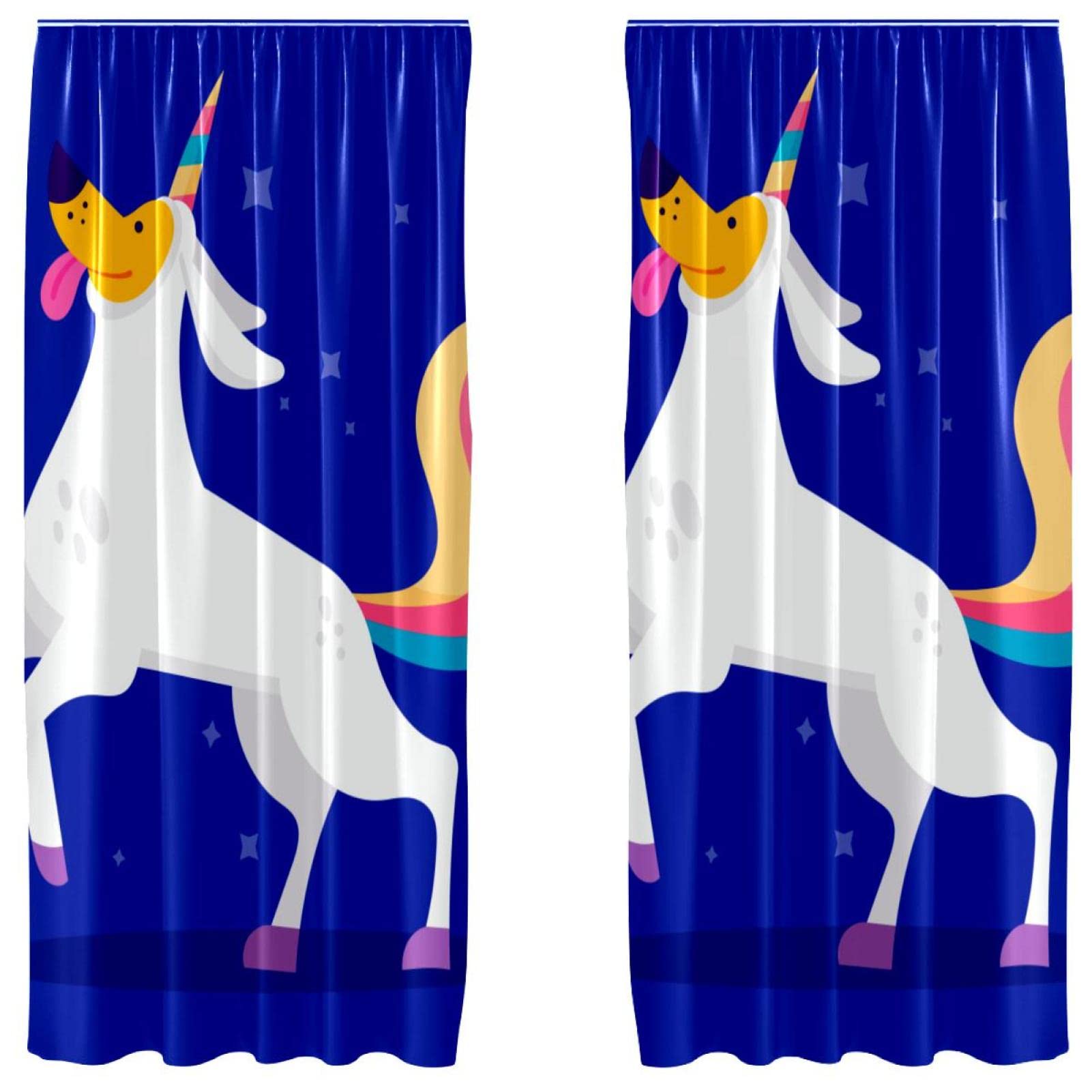 Rideau léger chien licorne bleu avec passe-tringle pratique lot de 2