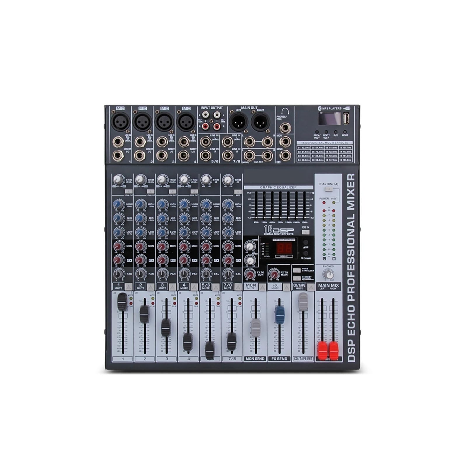 Mikser dźwięku, Mikser 8-kanałowy, kontroler DJ, Sound Board z 24 efektami DSP, wejściem USB XLR Jack Aux
