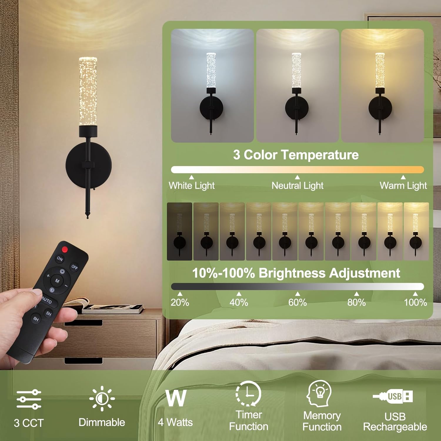 Crystal Battery Operated Wall Sconce, Modern Wireless LED Wall Sconces Set of 2 with Remote 3CCT Dimmable Timer, USB Rechargeable Cordless Wall Lights for Living Room Bedroom Bathroom Hallway, Black