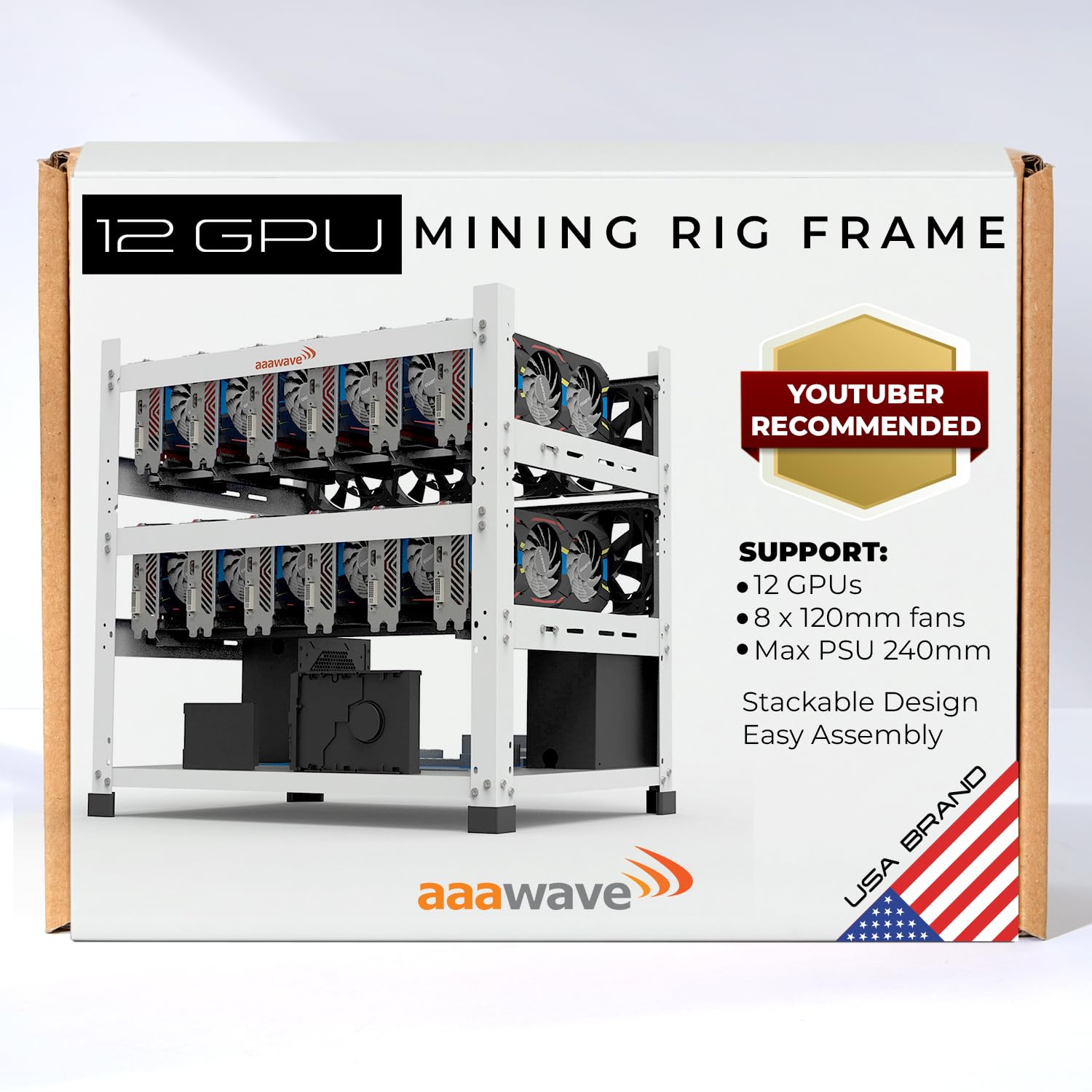 12GPU Mining Rig - The Sluice V2 Steel Open Frame Case, Stackable Chassis for Crypto Coin Currency & AI Machine Learning Applications - White