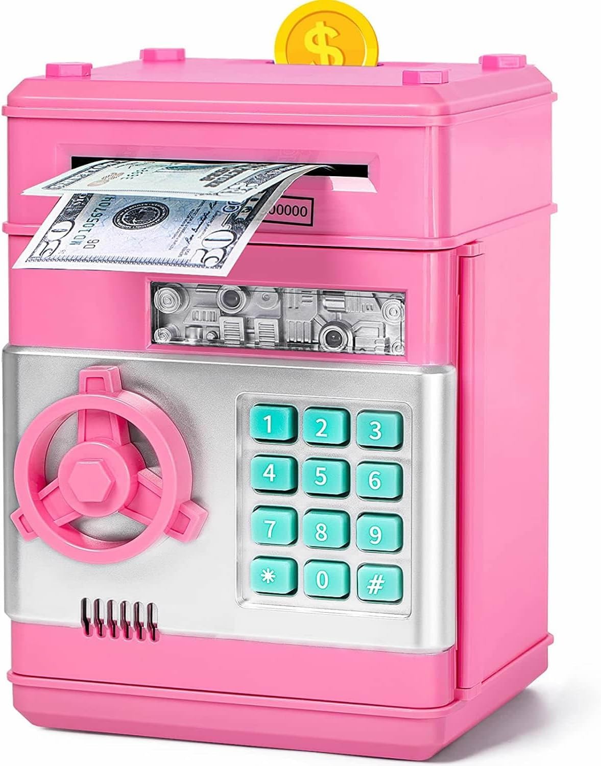AWHPiggy Bank, Electronic ATM Password Cash Coin Can Auto Scroll Paper Money Saving Box Toy Gift for Kids (Pink)