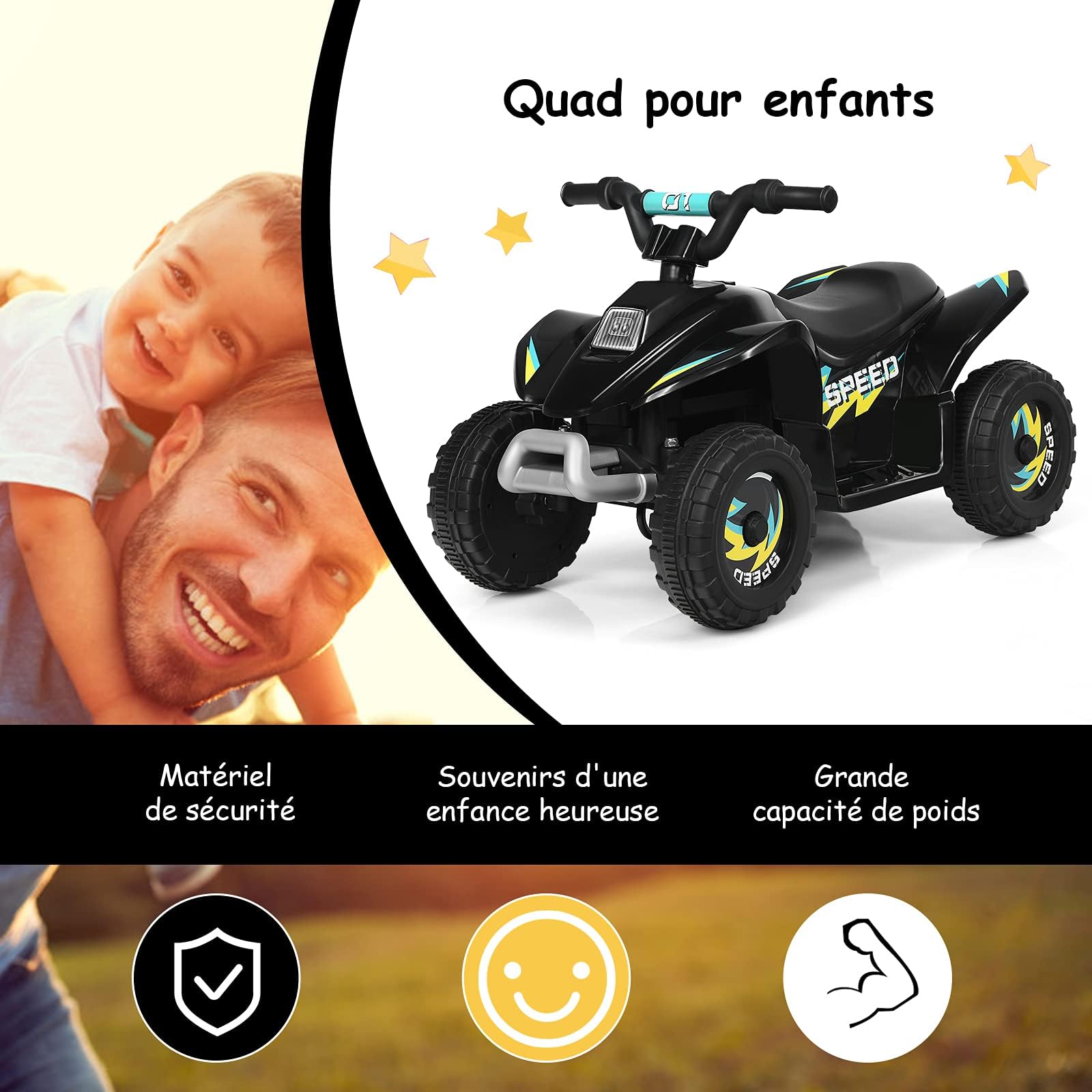 COSTWAY Quad avec Batterie 6V pour Enfant, Quad Électrique avec Marche Avant/Arrière, Fonctionnement Sécurisé et Vitesse Max de 4,5 km/h, Cadeau pour Garçons et Filles, Bleu/Noir/Blanc/Rouge (Noir)