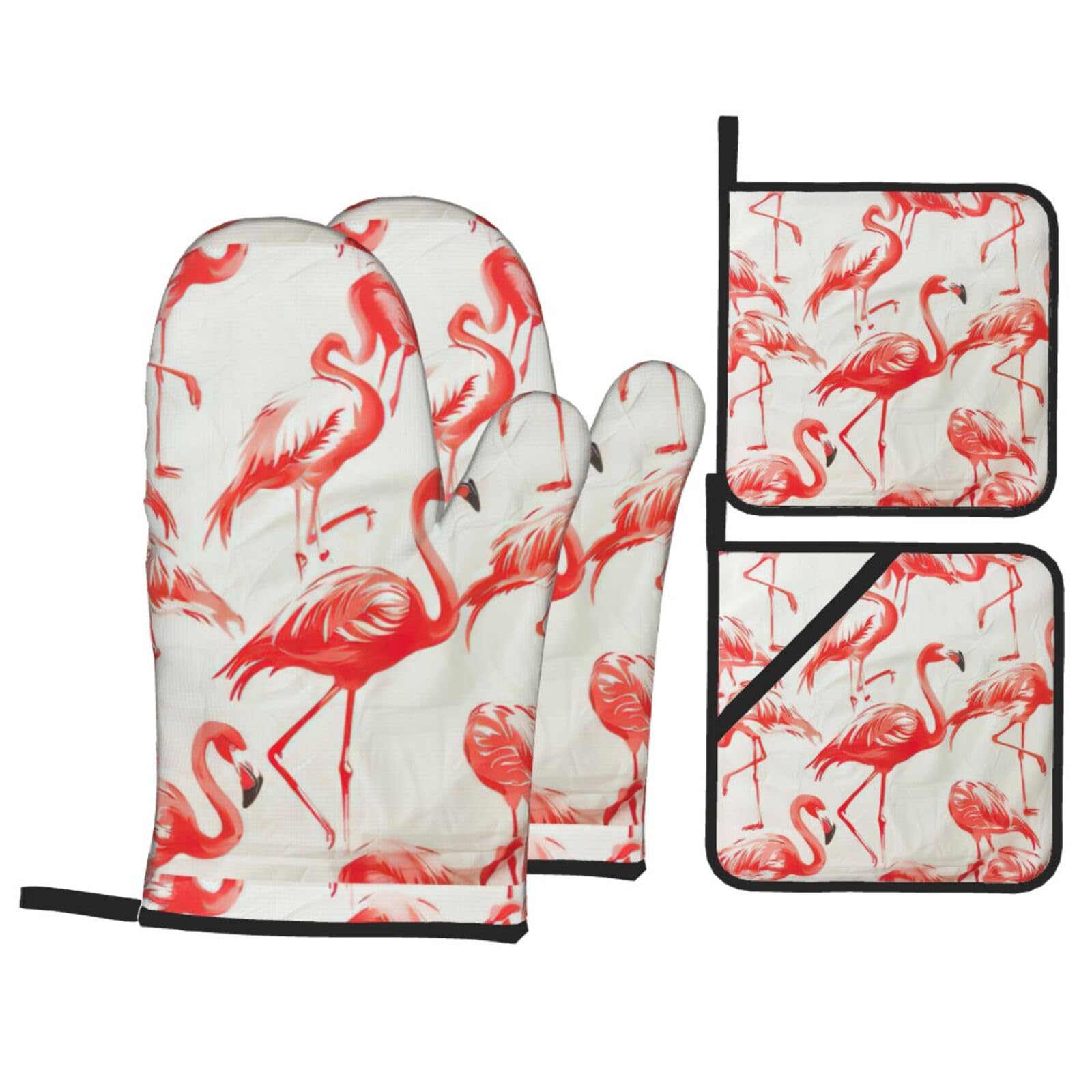 Flamingos On White Print Kitchen Oven Mitts And Pot Holders Set,Hanging Loop Design For Cooking Baking Bbq