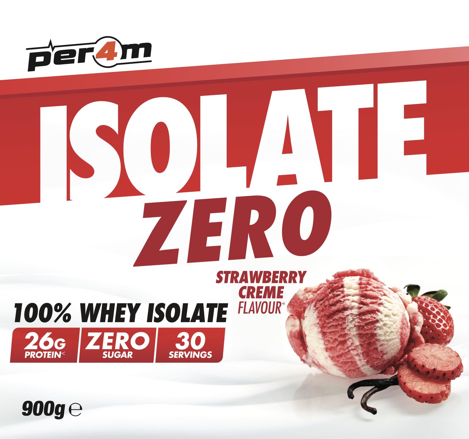 Per4m Whey Protein Isolate Zero, Poudre Protéinée pour Prise de Masse et Récupération Musculaire, Acides Aminés Essentiels, Faible en Sucre, Haute Protéine, Fitness Sport Gym – Strawberry – 900g