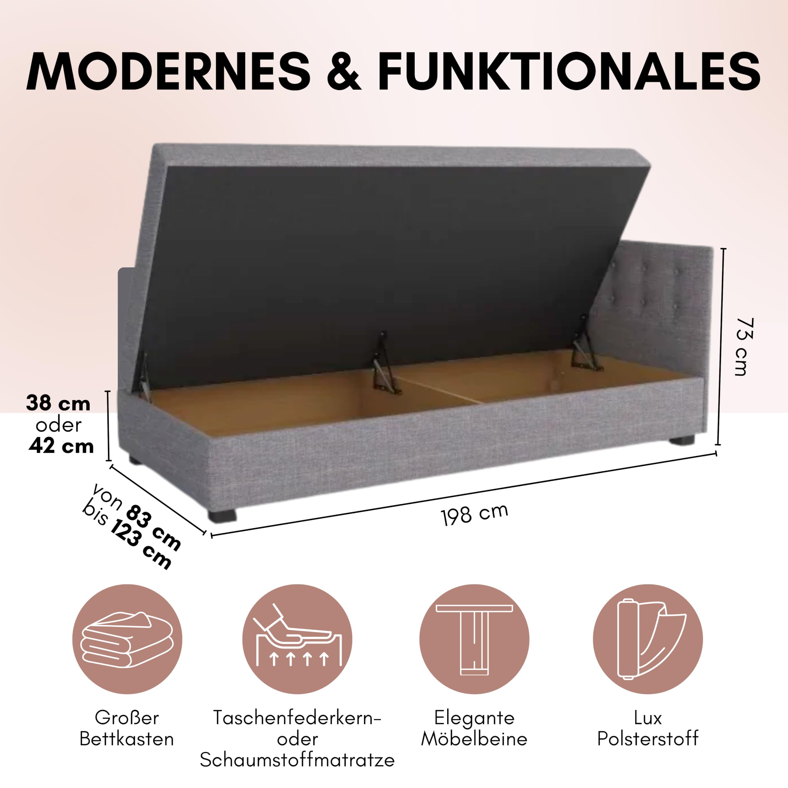 Boxspringbett Olaf+ 123x198x42 cm mit Taschenfederkern Matratze, Bett mit Matratze, Polsterbett mit Bettkasten, Gepolstertes Einzel Bett, Schlafsofa - Minze mit Graphit