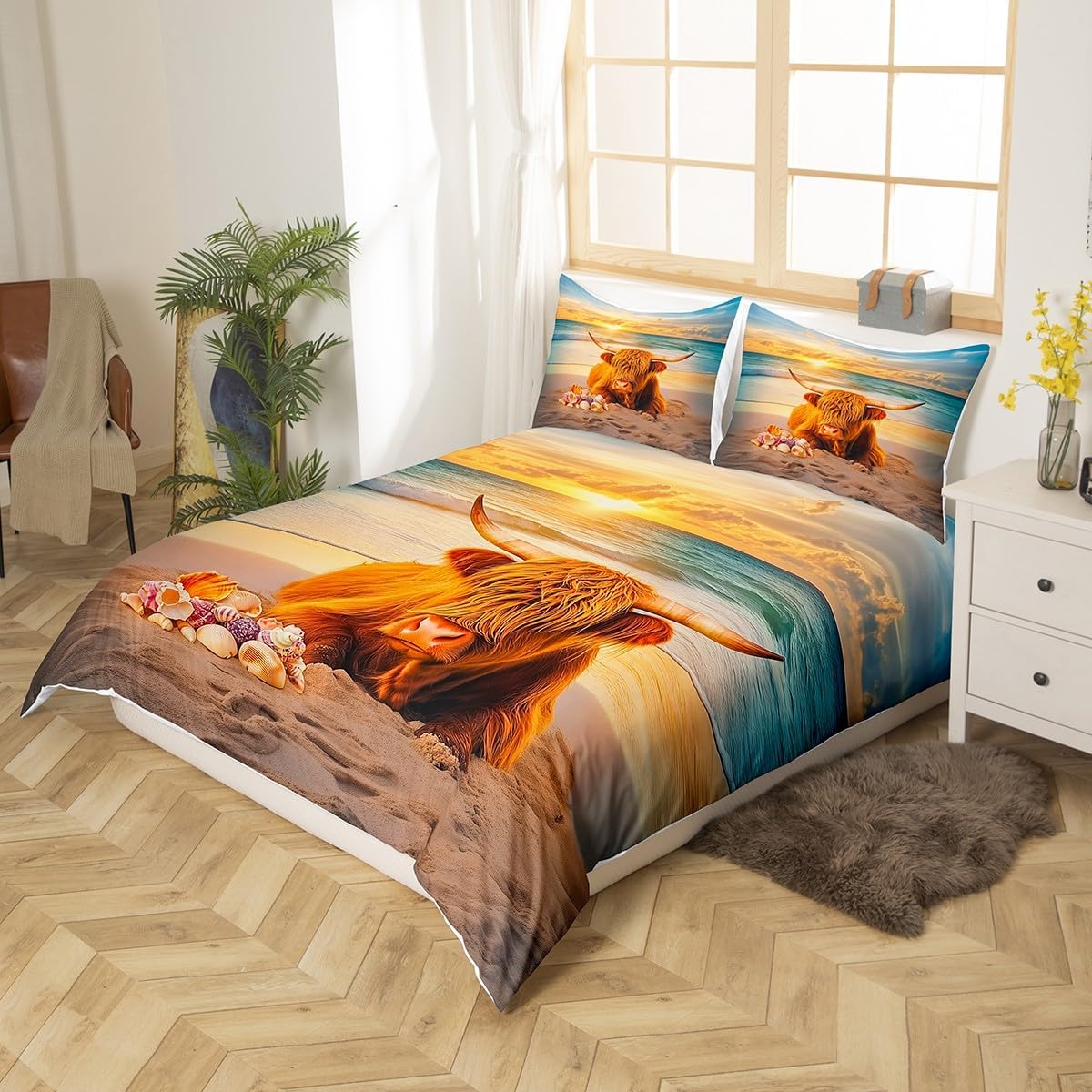 Highland Cattle Duvet Cover Set King Size,Bull Cow Wild Animal Rustic Bedding Set,Boys Girls Room Decor,Hawaii Summer Ocean Beach Sunset Comforter Cover,Brown Quilt Cover,2 Pillowcases(No Filler)