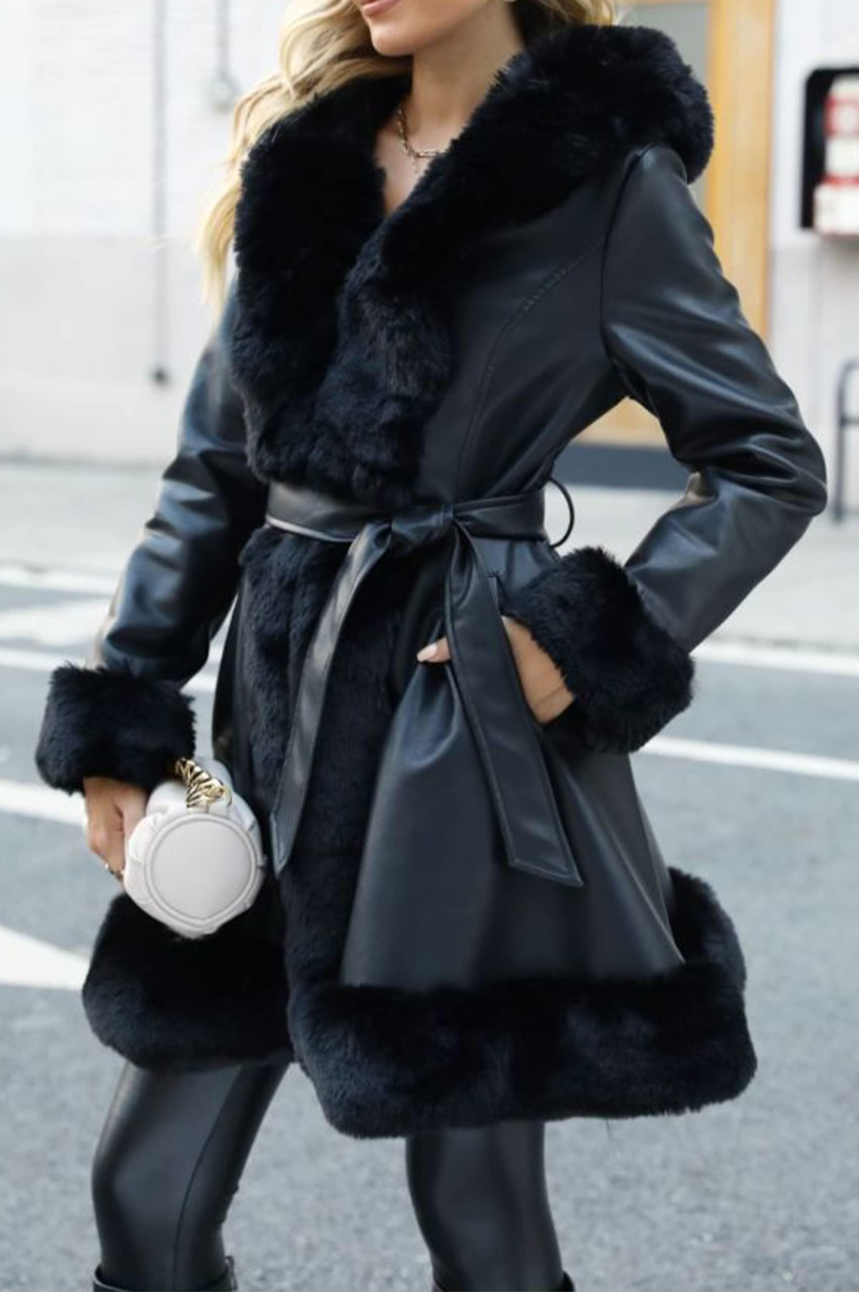 Giolshon Manteau Longue en Similicuir et Mélange de Fausse Laine pour Femme Robe en Molleton à Ceinture Parka Chaude D'hiver en Sherpa