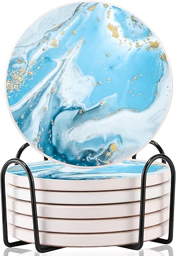 Juego de 6 posavasos para bebidas con soporte estilo mármol posavasos de cerámica para bebidas portavasos redondos absorbentes con base de corcho