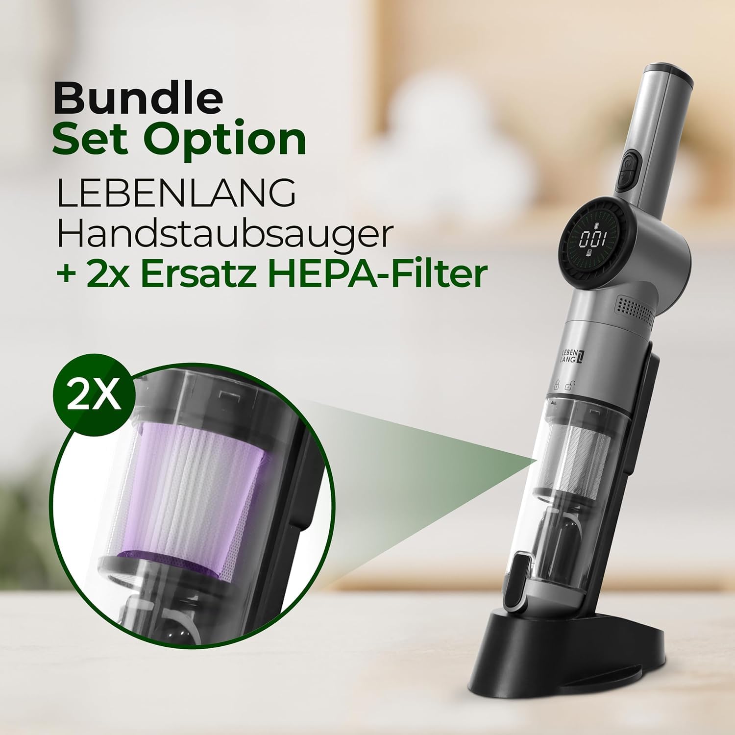 LEBENLANG Bundle Set Handstaubsauger Akku TESTSIEGER | 2X HEPA-Filter