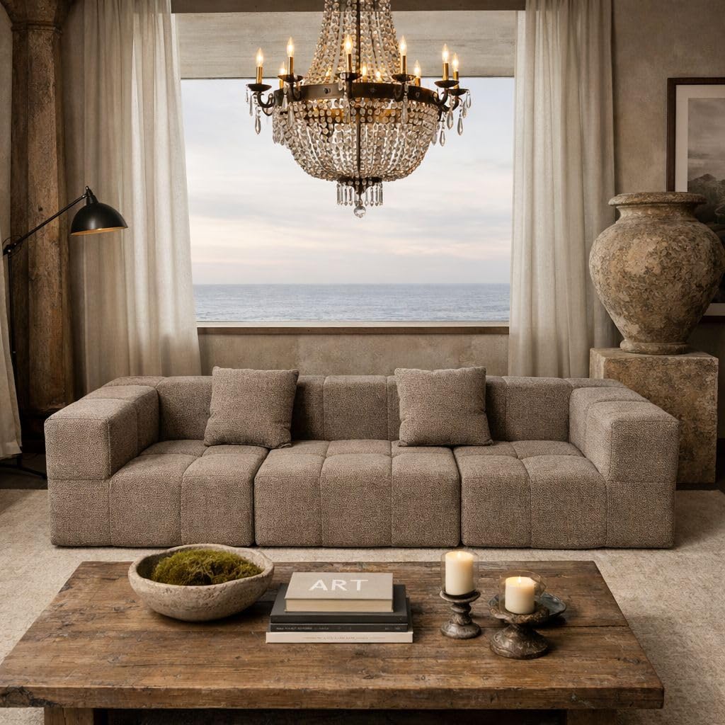 Couch - Waterproof Indoor Outdoor Sofa - Sold Seperately Ottoman Modular Sectional Upholstered - White Beige Cream Taupe Brown Gray Black Boucle Linen (Waterproof Beige, Right Arm)