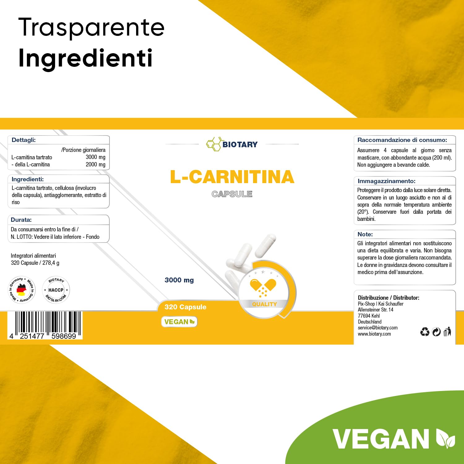 L-Carnitina 320 capsule 3000 mg a dose giornaliera scorta per 3 mesi portapillole incluso capsule ad alto dosaggio di L-carnitina 100% vegano testato in laboratorio
