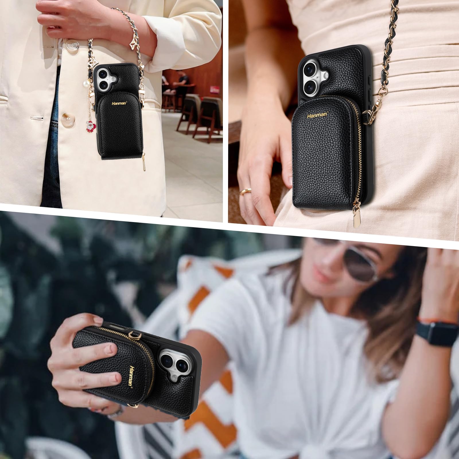Hanman Etui portfelowe na ramię Kompatybilne z iPhone'em 17, blokada RFID, skóra PU, zamek błyskawiczny, torebka, etui portfelowe ze skóry PU z mikrofibry, portfel etui dla kobiet-czarny