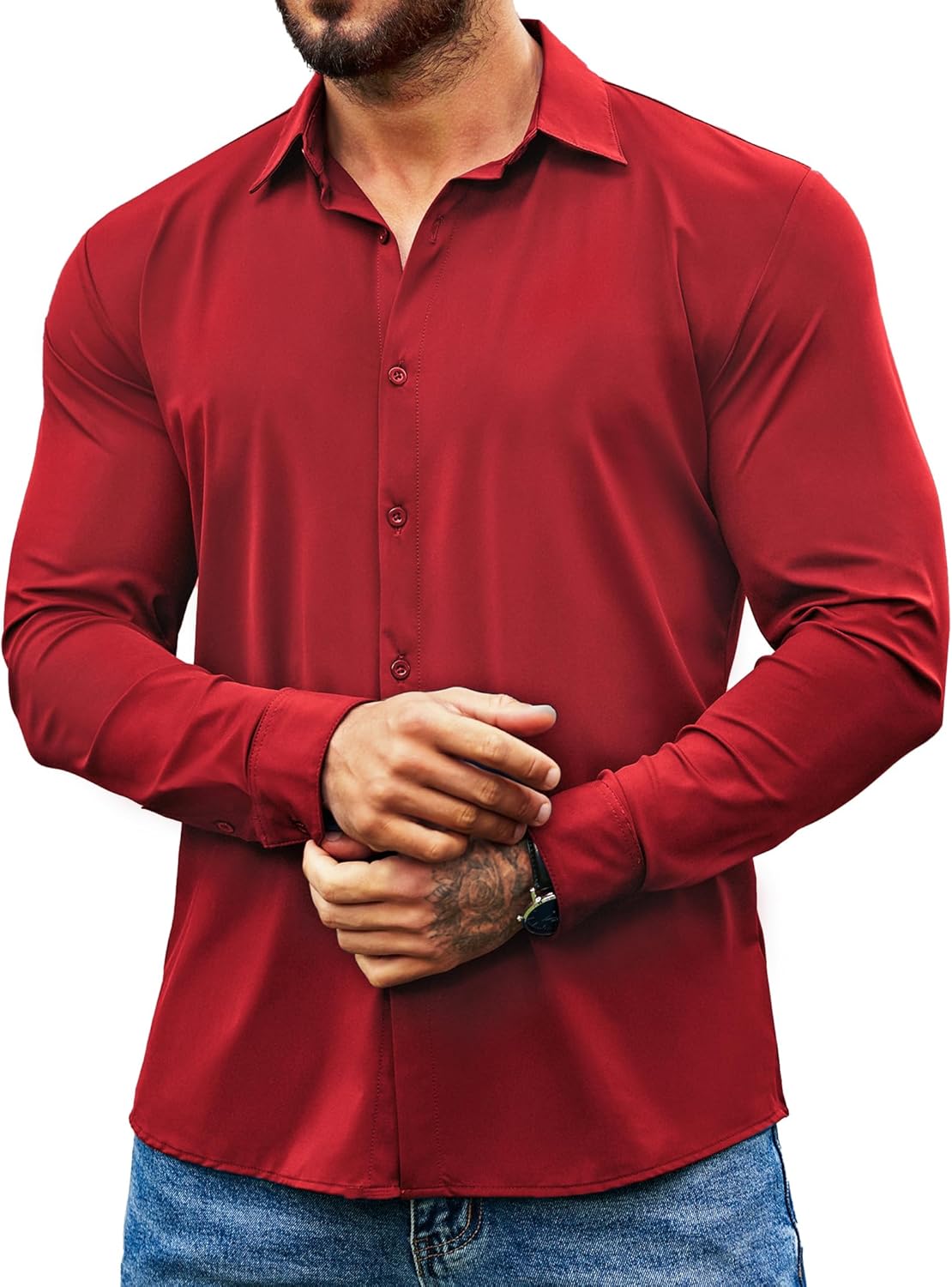 COOFANDY Mens Formal Shirts Slim Fit Business Dress Shirt Long Sleeve Button Up Shirt Red