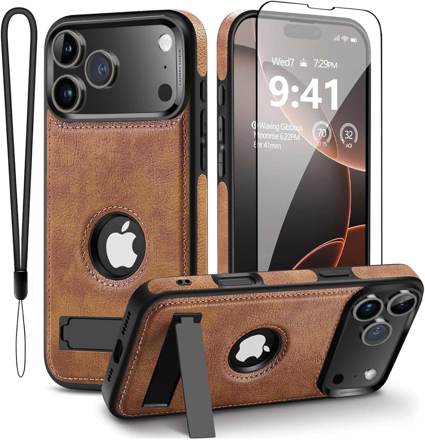for iPhone 17 Pro Case Leather 6.3 Inch, MagSafe Compatible with Upgraded N56 Strong Magnet, Hidden Kickstand, Slim Shockproof Protective Cover with Logo Cutout, Brown