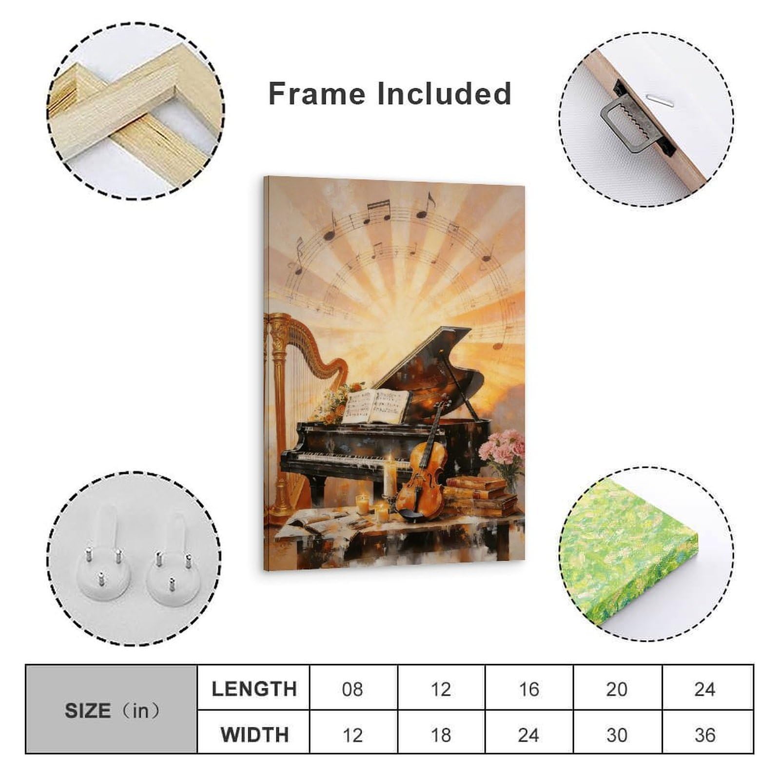 Stampa artistica da parete su tela, motivo: pianoforte, violino, musica a tema jazz, decorazione artistica da parete per soggiorno, bagno, camera da letto, casa, 50 x 75 cm