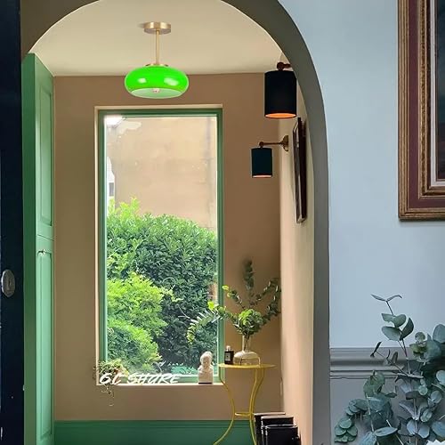 Miniatura 5 de Lámpara de techo de cristal moderna de montaje semiempotrado con pantalla de cristal de cúpula verde de mediados de siglo, 1 luz dorada cerca de la