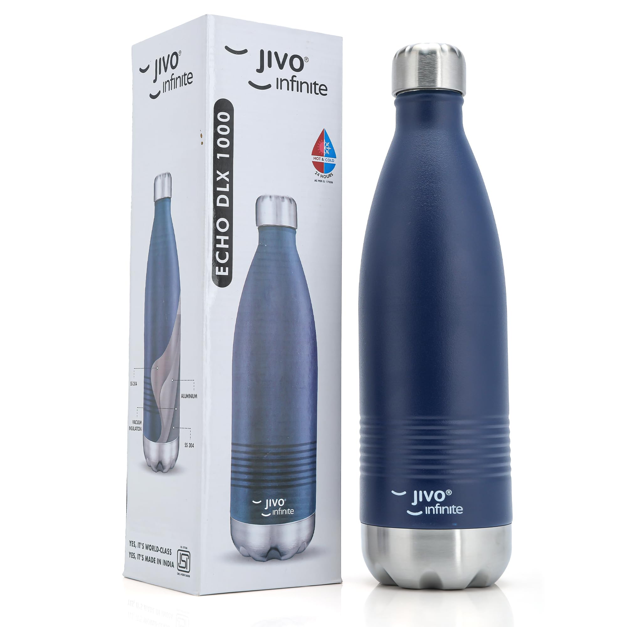 Jivo Infinite Echo DLX 24 Hrs Hot & Cold ISI Certified Flask Stainless Steel Water Bottle 1000ml (Denim Blue) Thermoflask | Workout | Home | Office | Travelling