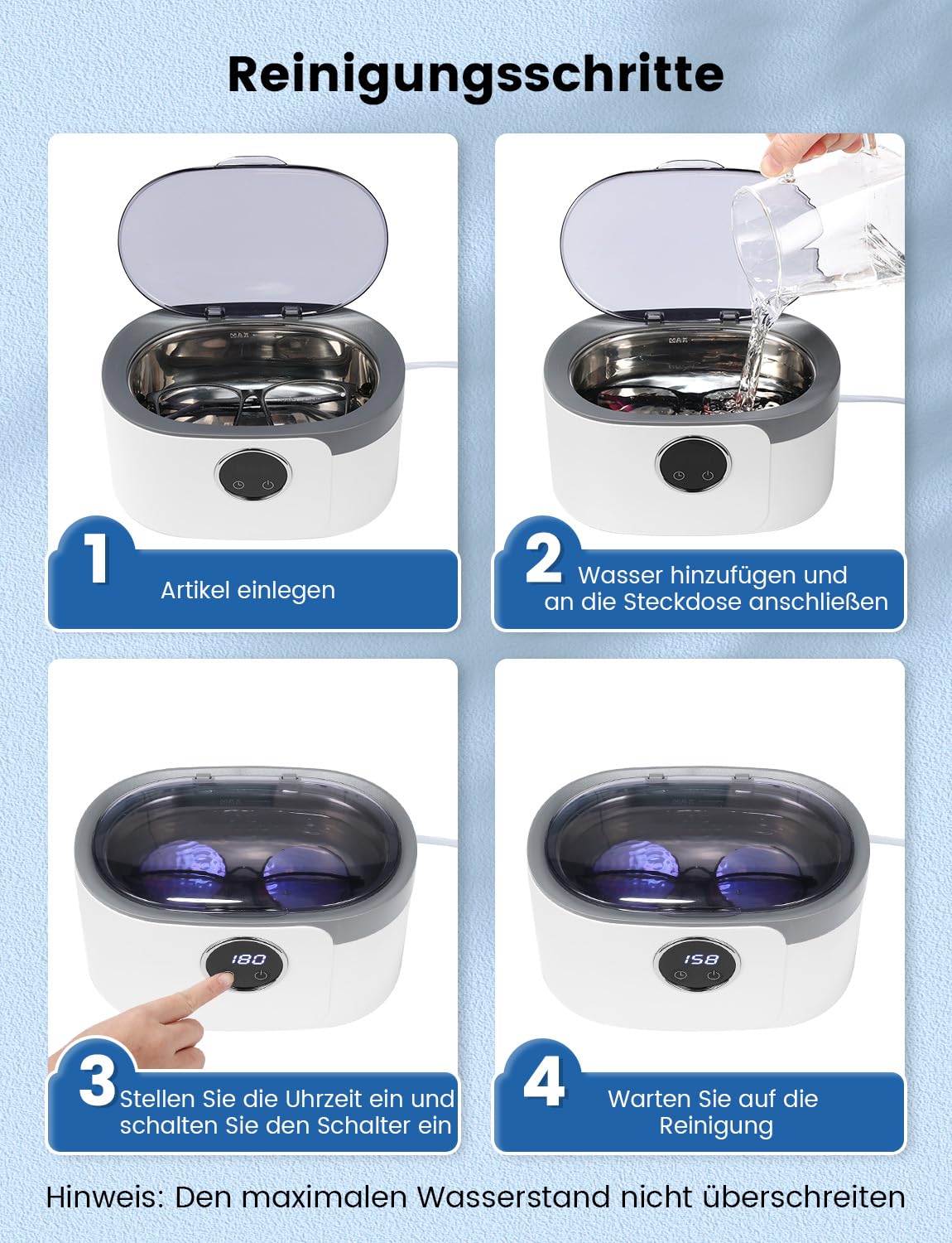 Ultraschallreinigungsgerät Ultraschallreiniger 600ml Ultraschallbad Ultrasonic Cleaner Mit 5 Zeitfunktionen für Brille Schmuck Uhren