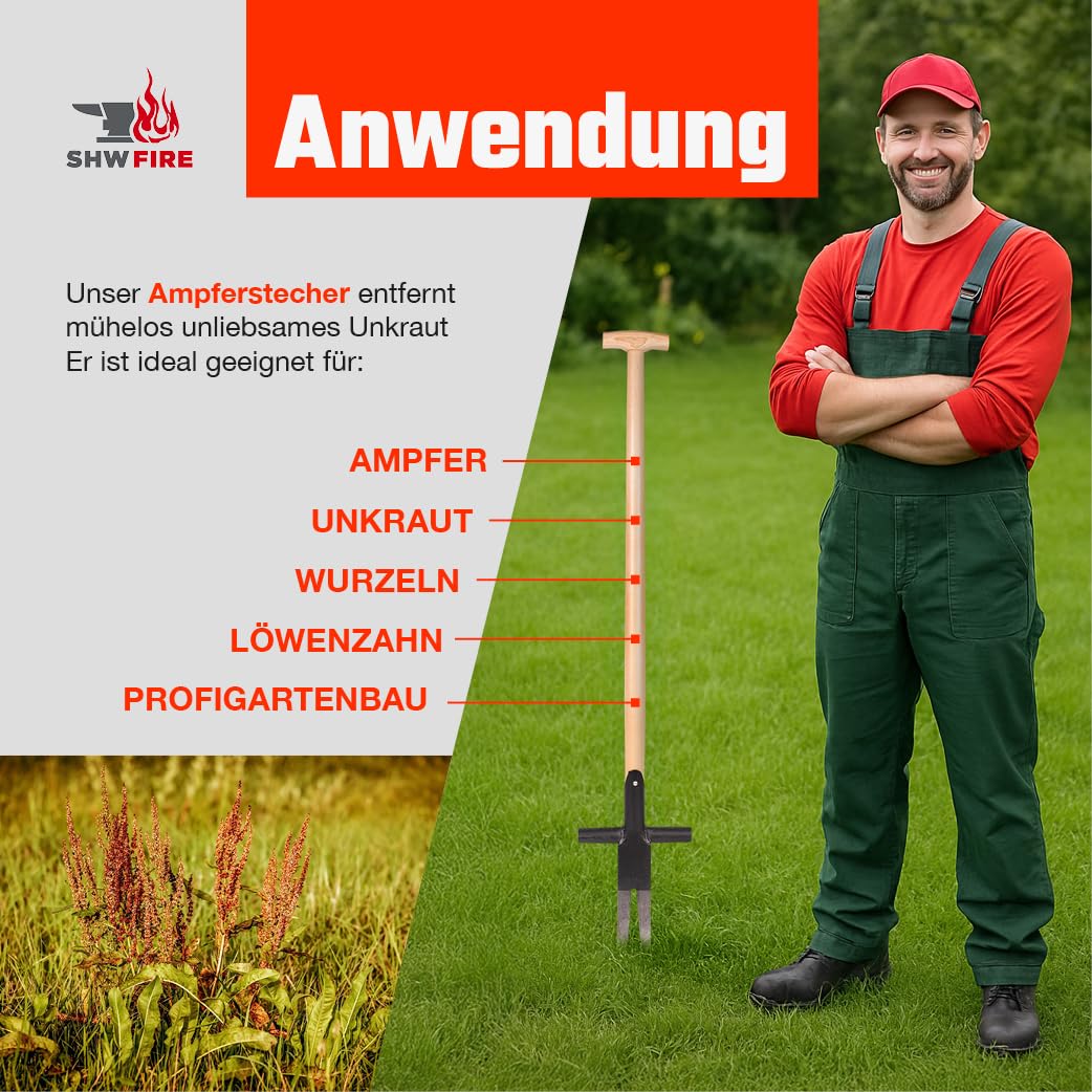 SHW-FIRE Ampferstecher 95cm - Geschmiedeter Stahl für die Unkrautbekämpfung | Made in Germany | Für Unkrautentfernung im Garten | Präzises Ausstechen von Ampfern und Unkraut | Schmiedequalität