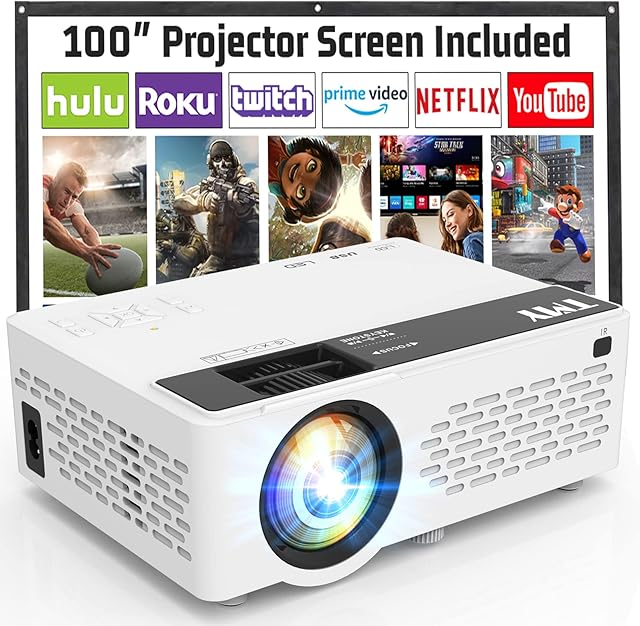 TMY Projector, Upgraded 9500 Lumens with 100" Projector Screen, 1080P Full HD Portable Projector, Mini Movie Projector Compatible with TV Stick Smartphone HDMI USB AV, for Home Cinema Outdoor Movies