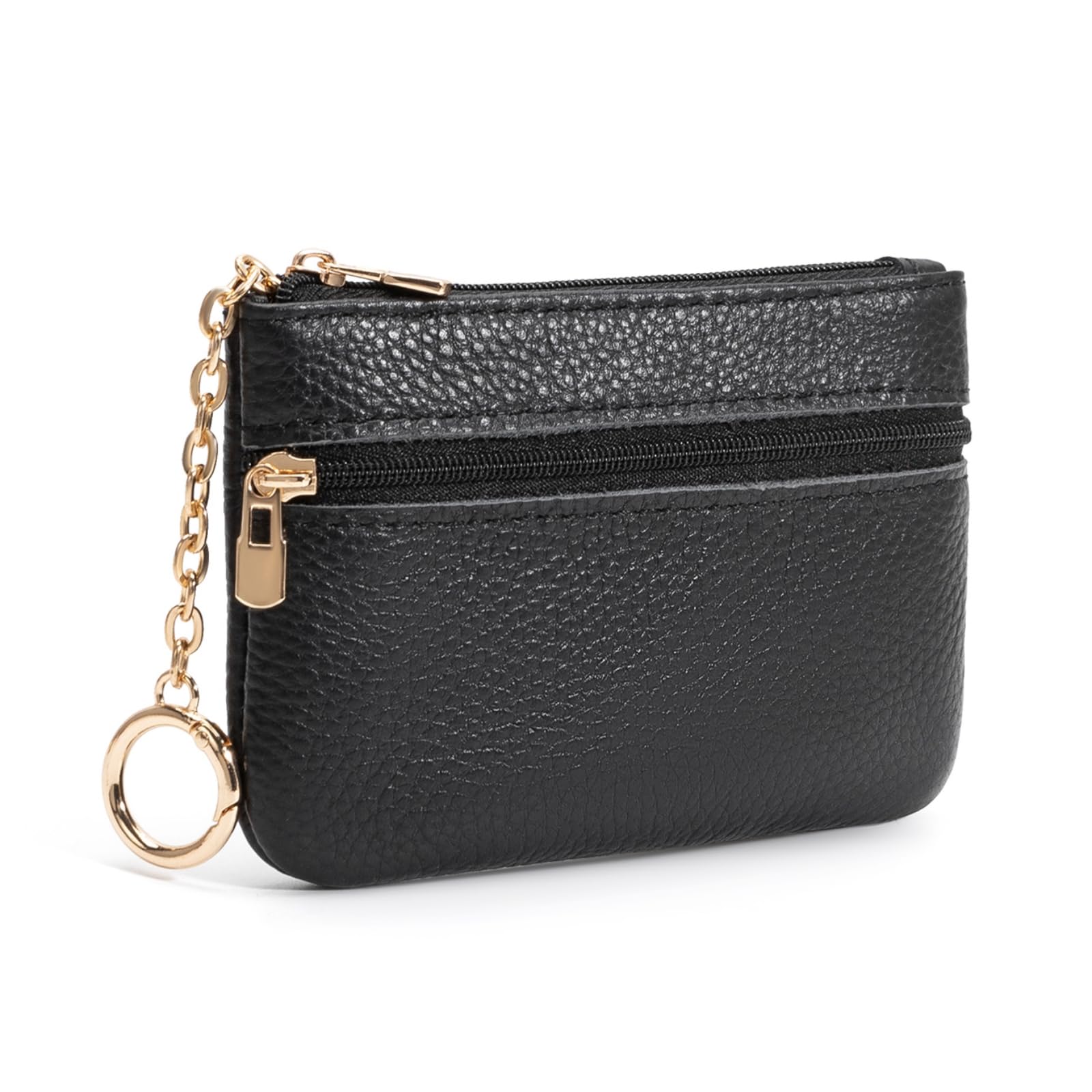 LARENNT Full Grain Leather Coin Purse with Keychain - 2 Zippered Pockets Mini Coin Pouch Card Holder Keychain Pouch Keychain Wallet - Small Change