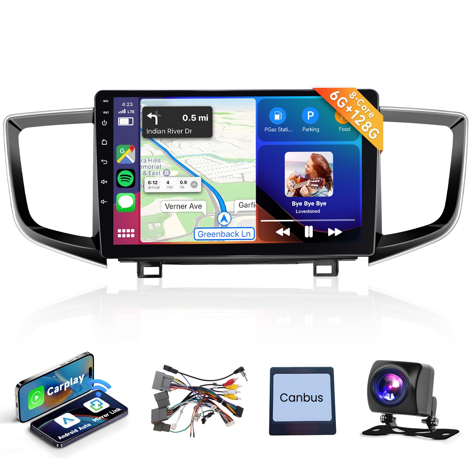 8 Core 6G+128G Android Car Stereo for Honda Pilot 2016-2019 with Wireless CarPlay Android Auto MirrorLink, 10.1" IPS Touchscreen Bluetooth Radio with GPS WiFi DPS Audio 36-Band EQ Backup Camera