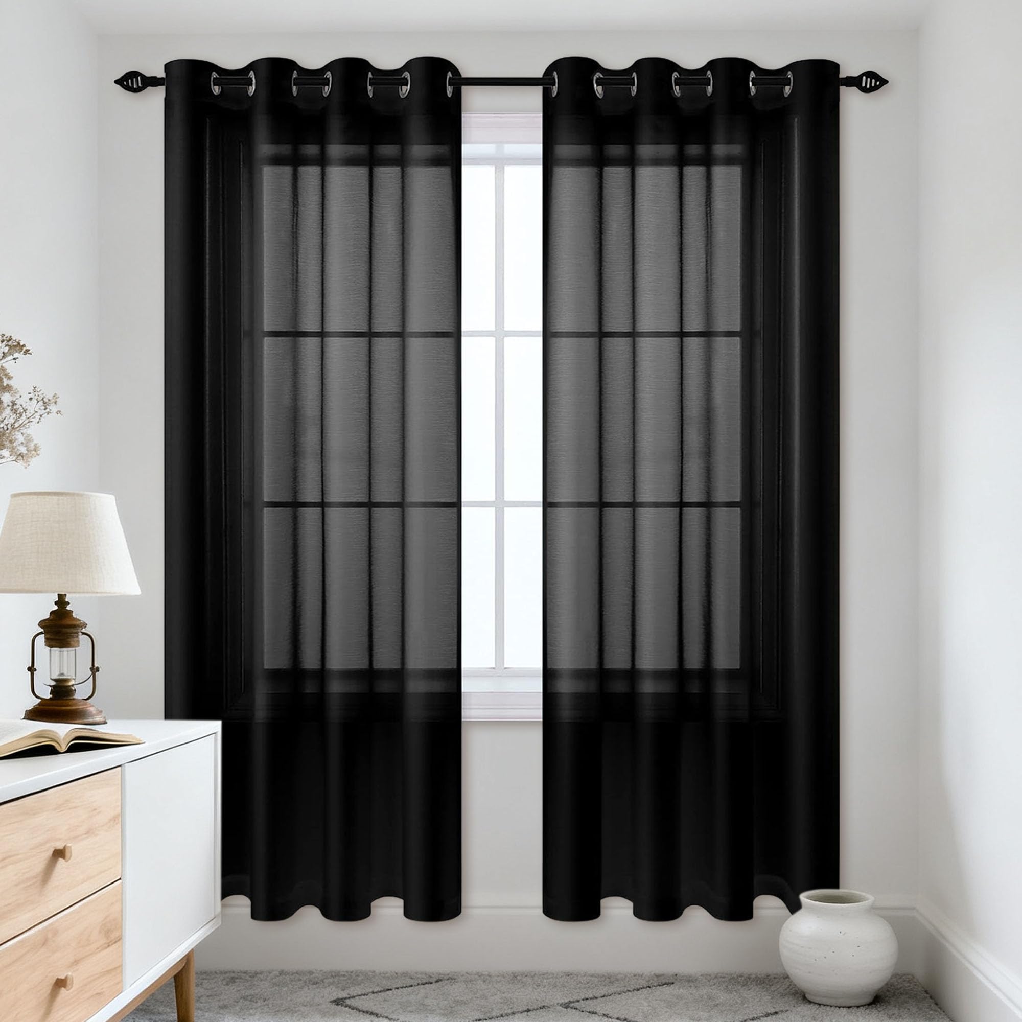 Rideau de fenêtre voilage noir 340 x 290 cm esthétique à oeillets