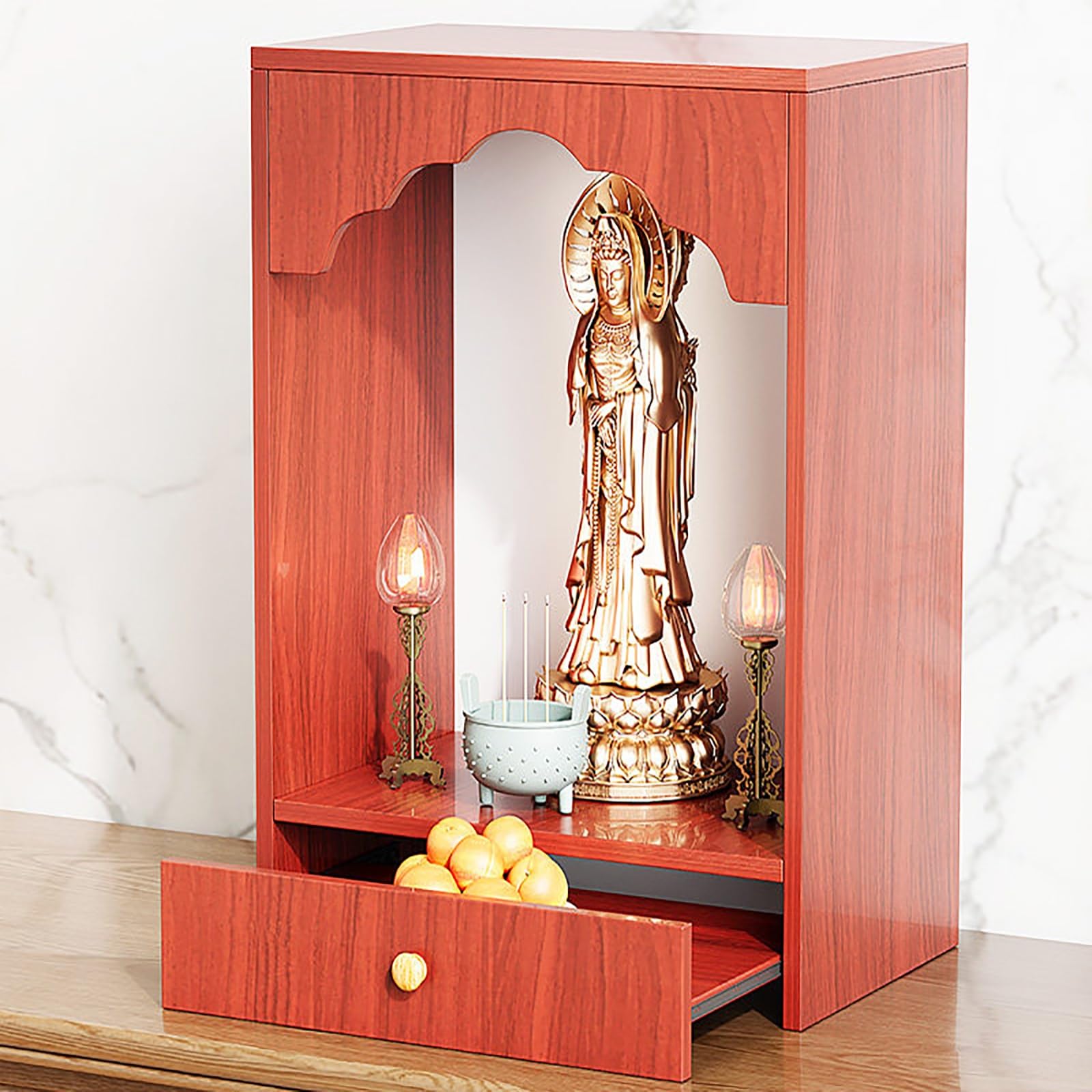 JNTFNE Buddhist Prayer Altar Cabinet, Tabletop Incense Table, Personal Shrine with Drawer, Puja Space-Saving, for Prayer, Meditation, Offering(Red 1,40cm/15.7in)