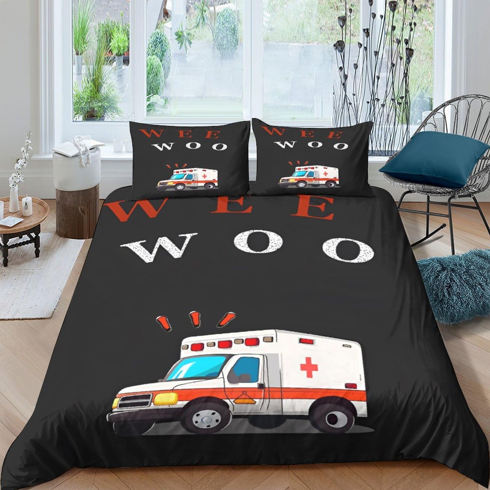 Ctjqhvkz Style-1 3D Printed Ambulance Cartoon Fitted Sheet Microfiber Soft Black Woo Woo Bed Cover Bedroom Dorm Mattress Protector Single（135X200cm）