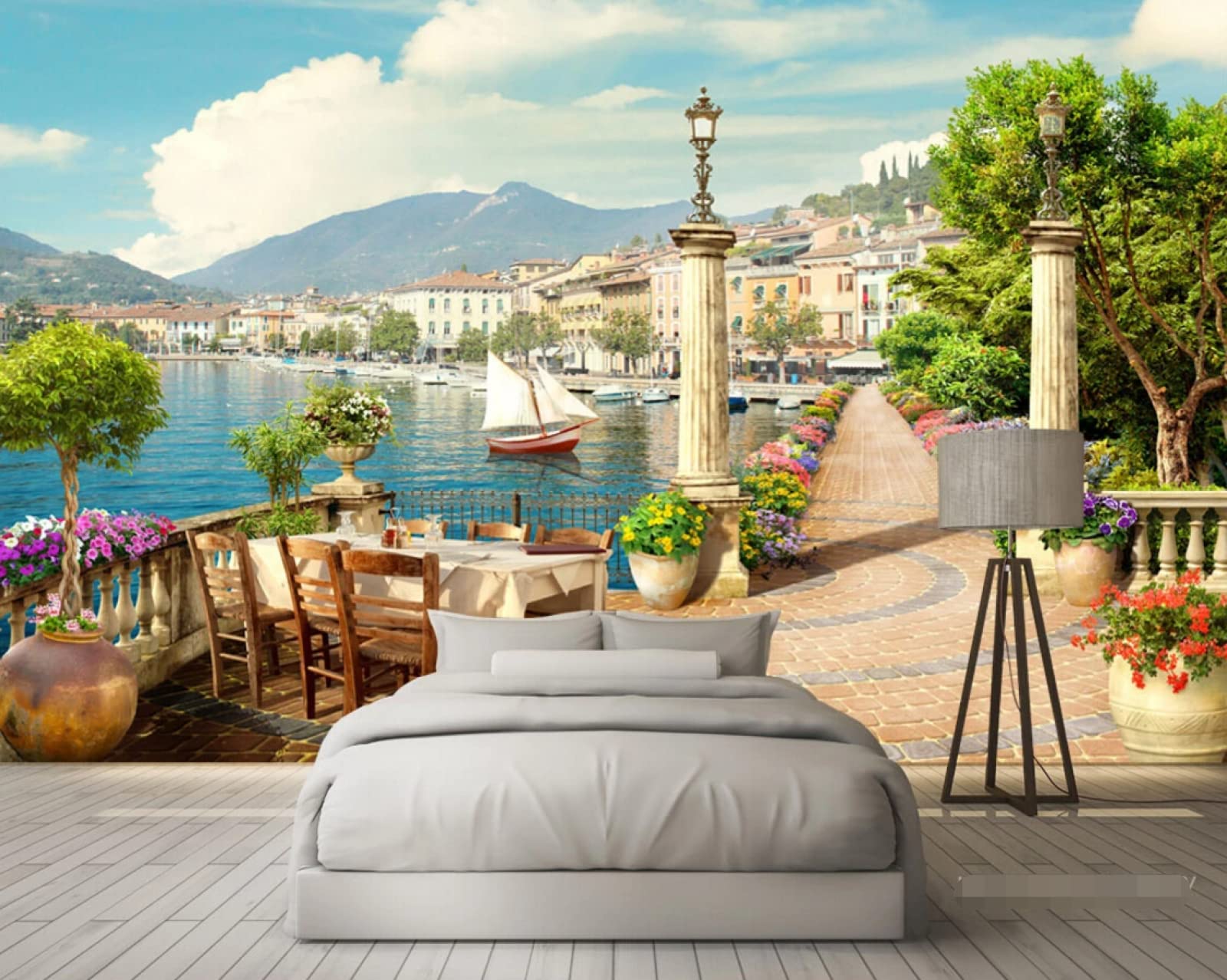 Carta Da Parati 3D Giardino Balcone Piccola Città Lago Carta Da Parati Camera Letto Moderna Fotomurali 3D Gigante Murale Decorazione