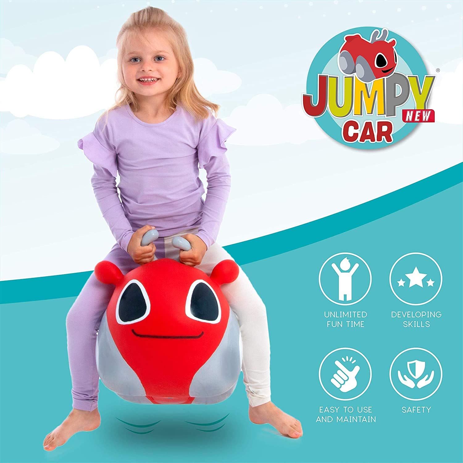 GERARDO'S Toys GT69375, My First Jumpy Car Space Hopper para niños a partir de 1 año, Bouncy Hopper Ride on, coche rojo con bomba incluida