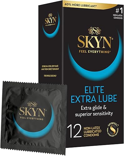 SKYN Elite Extra Lube Condones ultrafinos y lubricados sin látex Lubricación ultra sedosa para máxima comodidad 12 unidades paquete de 1