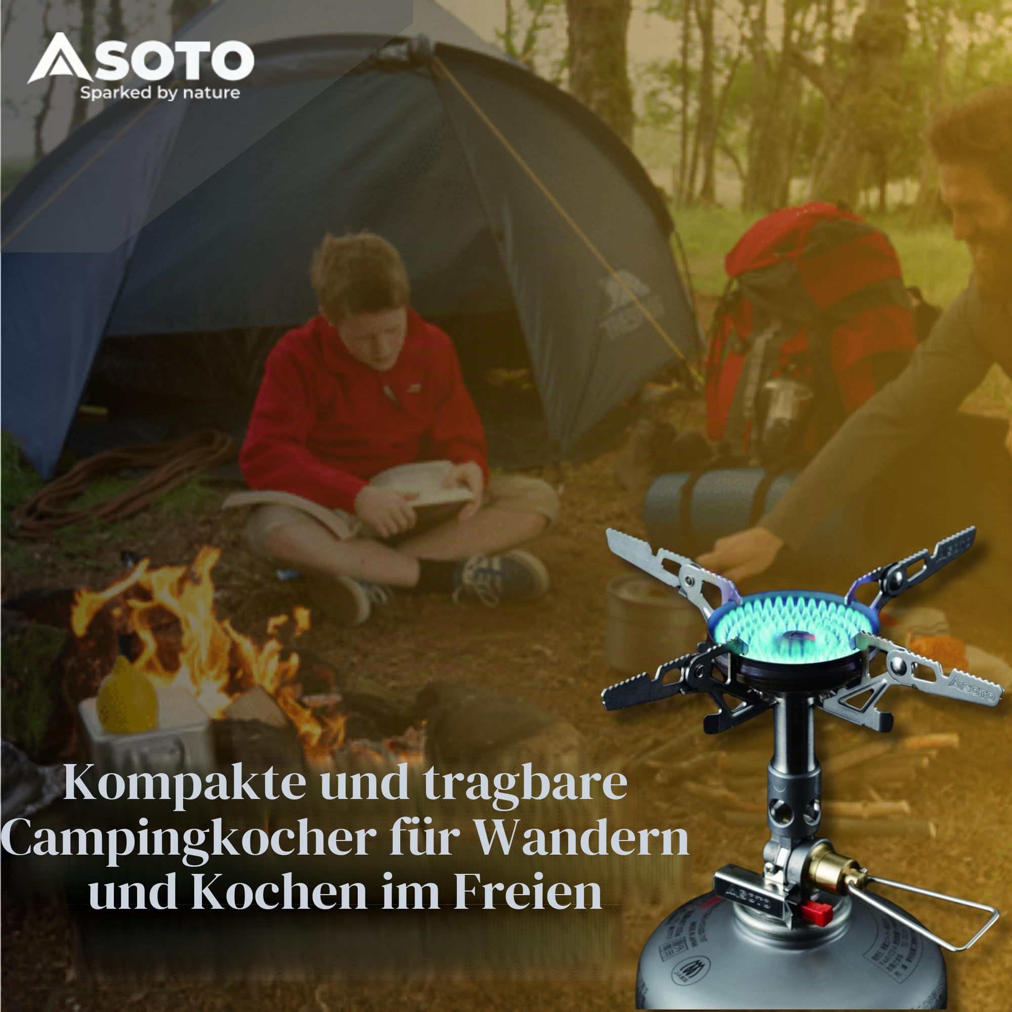 SOTO WindMaster Gaskocher mit Windschutz, ultraleicht 87 g, 3260 W | Erhöhter Rand am Brennerkopf schützt vor Wind; Micro Regulator für Kälte; leise; Piezo-Zündung; inkl. 4Flex; für Camping