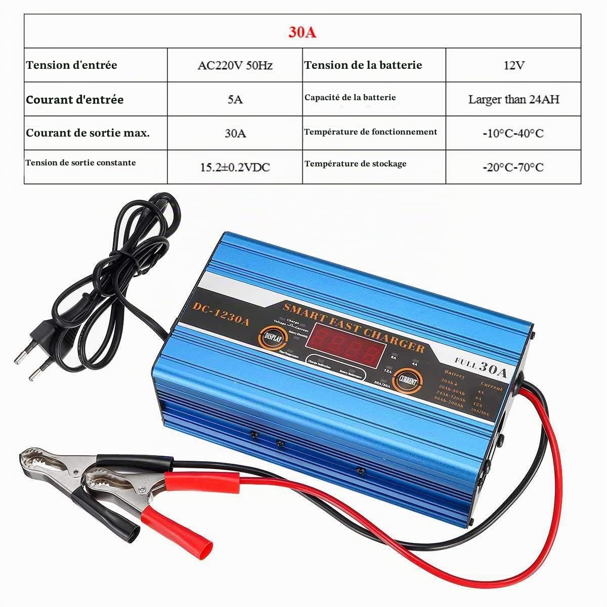 Chargeur de Batterie, Riloer 12V 30A Chargeur de Batterie Intelligent, Charge Rapide, écran LCD pour Caravane, Camping-Car, Bateau, Voiture, Moto