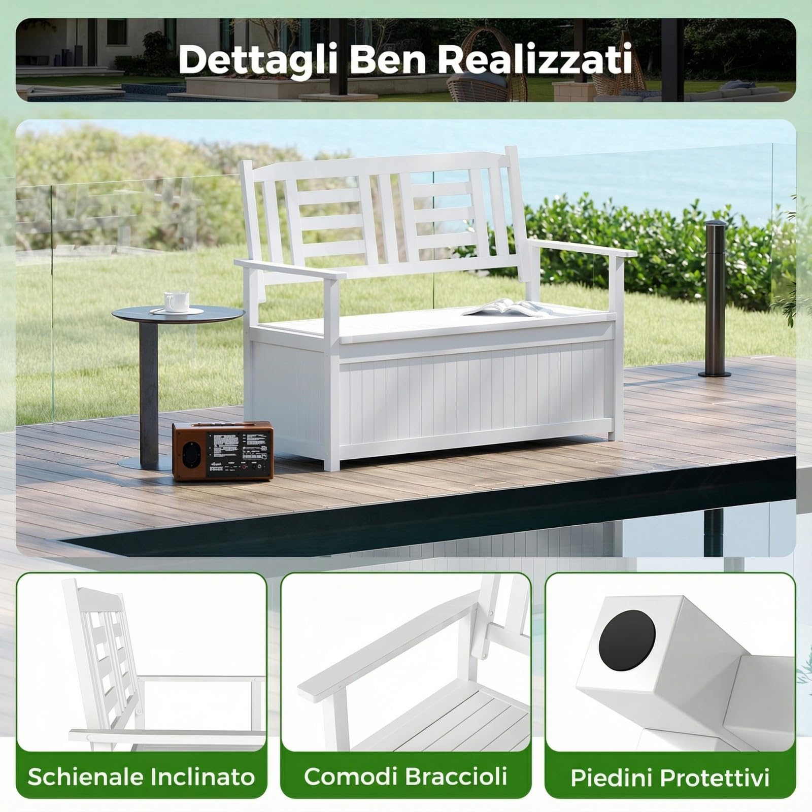 COSTWAY Panchina da Giardino con Contenitore di Legno, Cassapanca da Esterno 2 Posti con Schienale e Braccioli, Panca per Cortile e Ingresso, 123 x 68,5 x 96 cm (Bianco)