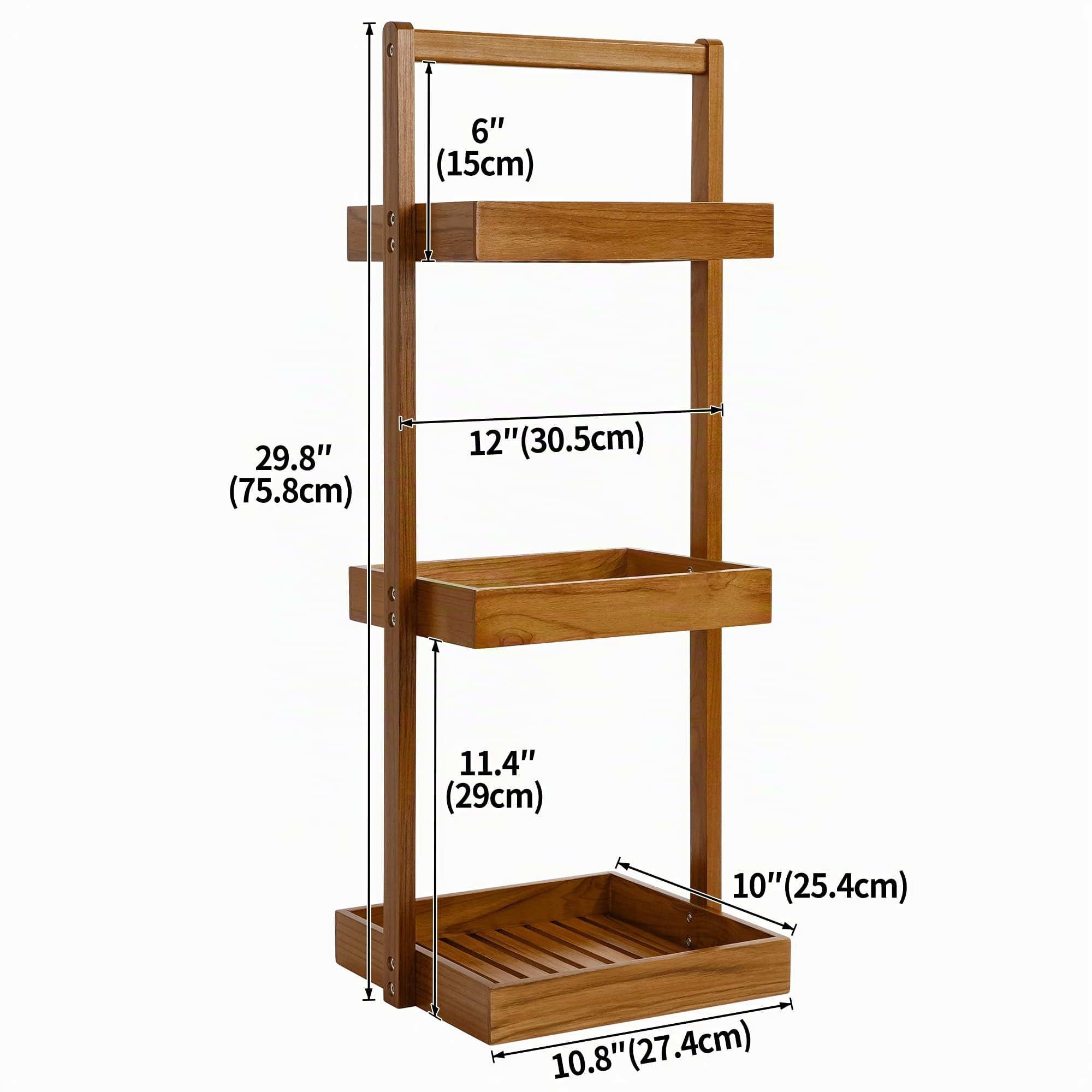 Utoplike Mensola portaoggetti da doccia in teak, con manico | Organizer per doccia in piedi per angolo del bagno,per doccia interna, bagno, ufficio, stand up a 3 livelli per cucina