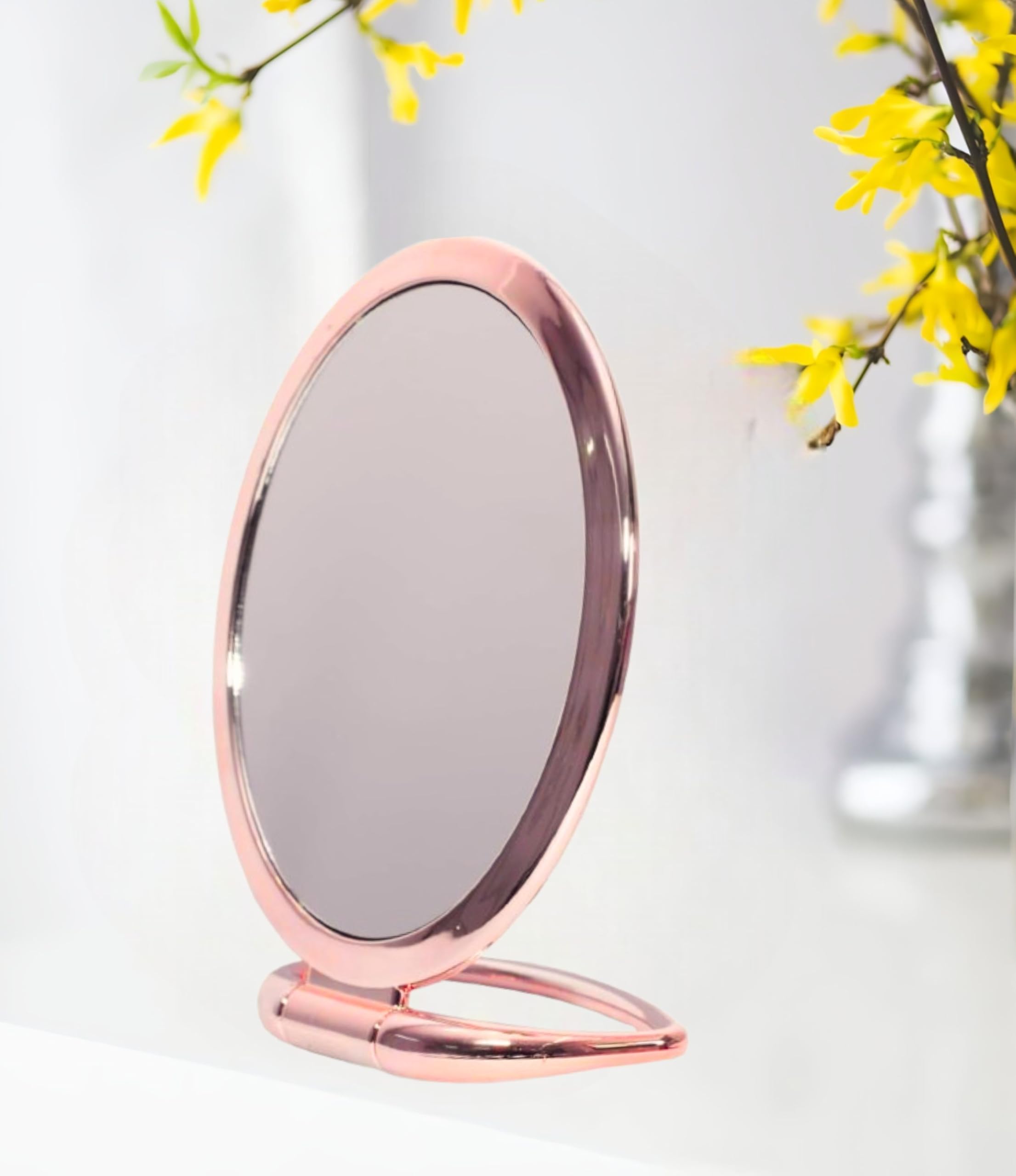 Oval Metallic Rose Gold Handheld Beauty Makeup Mirror Both Sides one Side 2X with Stand for Bathroom, Dressing Table/Shaving/Salon-image-20