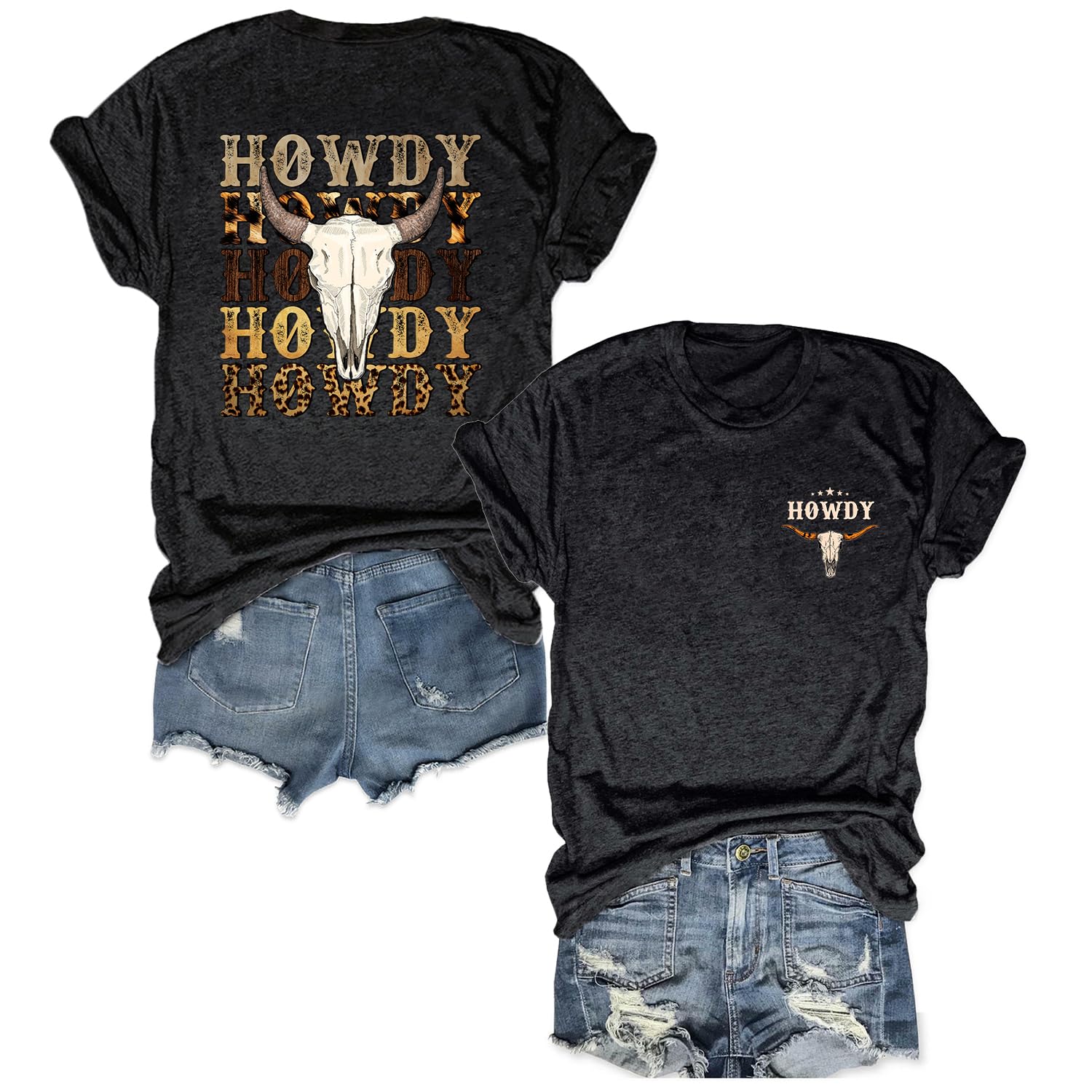 Howdy Shirt Women Country Concert Outfits Western Tops Graphic Vintage Tees Black T-Shirts for Women Cowgirl Skull Shirt