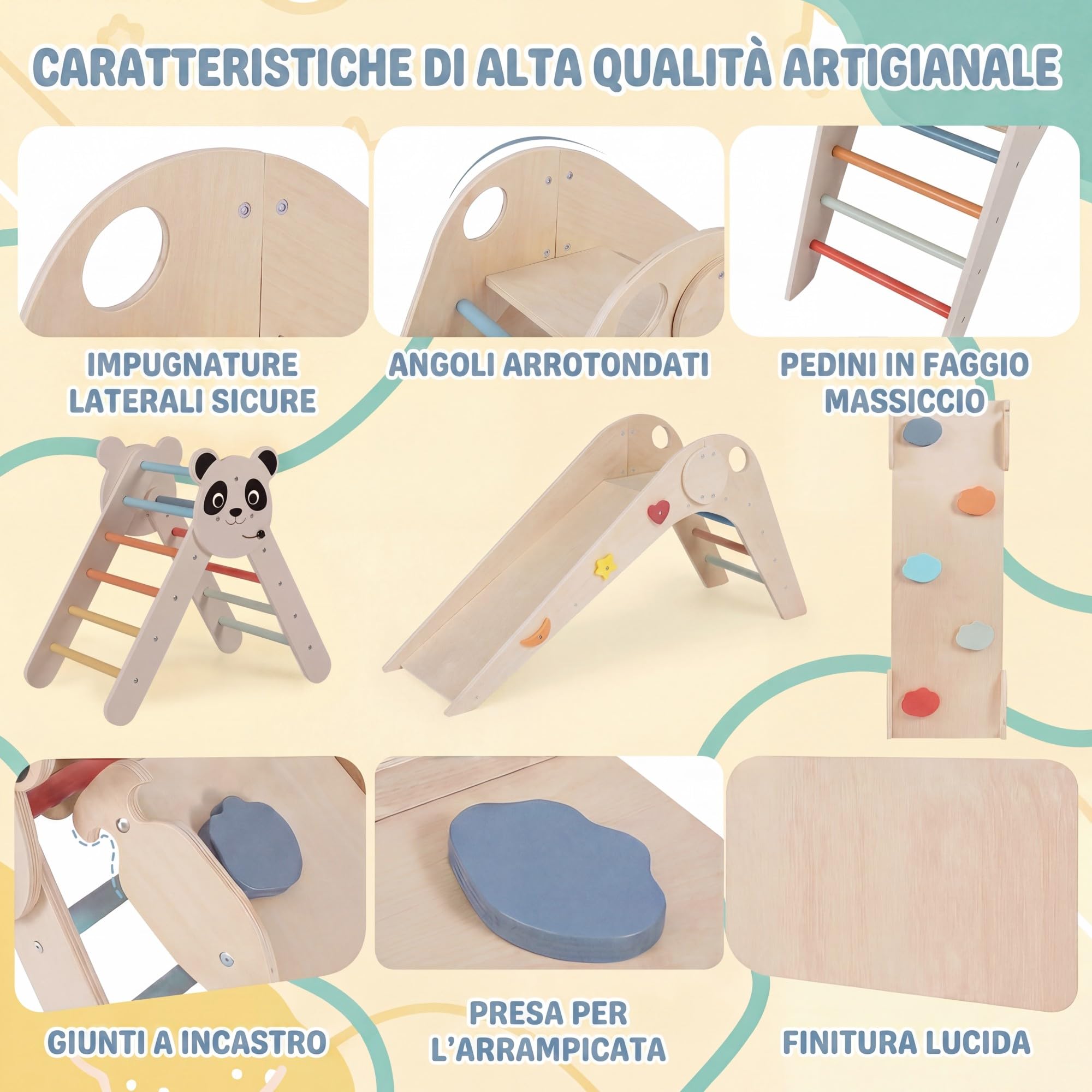 RELAX4LIFE 4 in 1 Triangolo da Arrampicata, Arco da Arrampicata in Legno con Scala e Scivolo, Rampa a Doppia Faccia, Triangolo Giochi Montessori per Bambini 3+Anni (Beige)