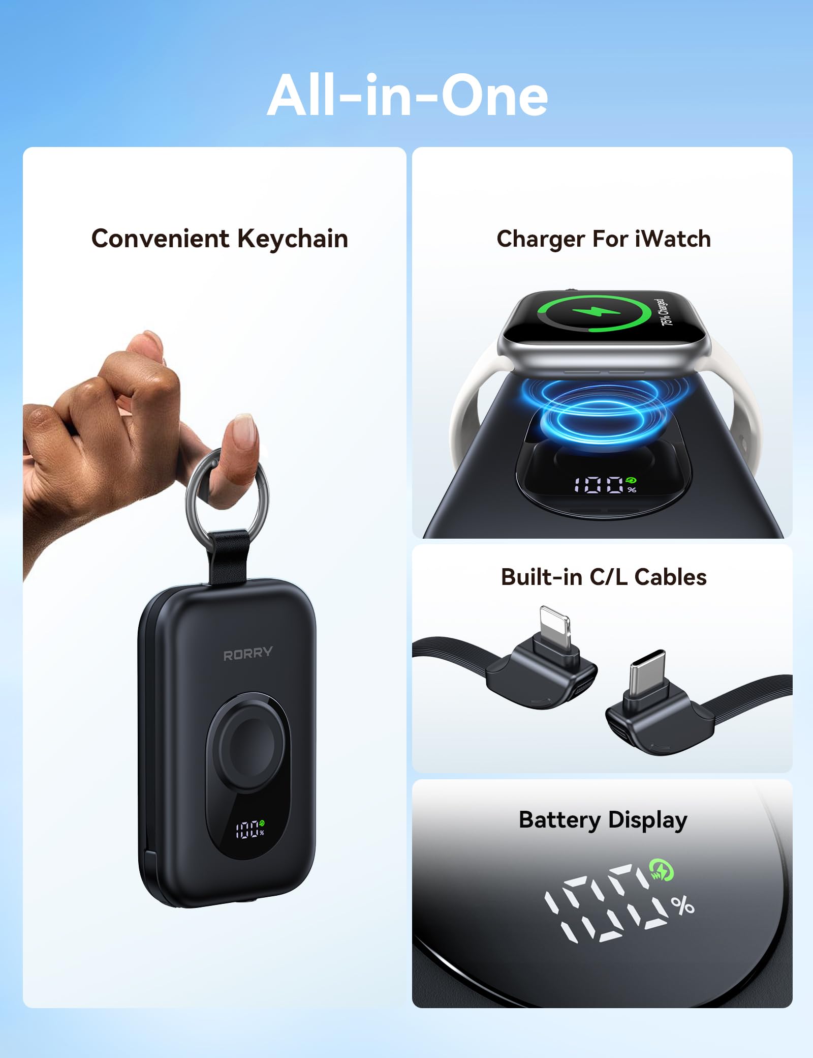 RORRY Portable Charger, 20000mAh PD 30W Portable Charger Power Bank with 2 Built-in Cables, Super Fast Charging Battery Pack with Keychain, Travel Essentials for iPhone, Apple Watch, iPad, White — view 2