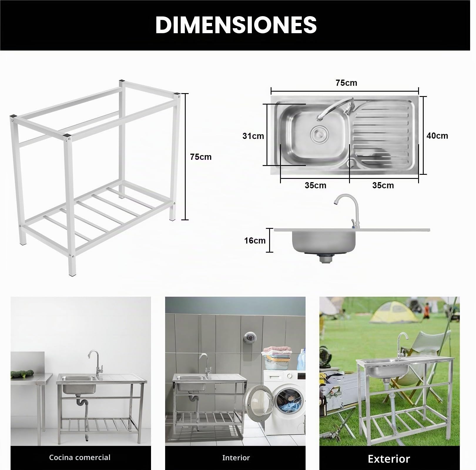 Fregadero Cocina fregadero Exterior Jardin lavamanos Portatil Con Kit De Drenaje + Grifo Fregadero Fregaderos Comerciales Fácil De Limpiar Color Acero Inoxidable para Cocina Restaurante Garaje
