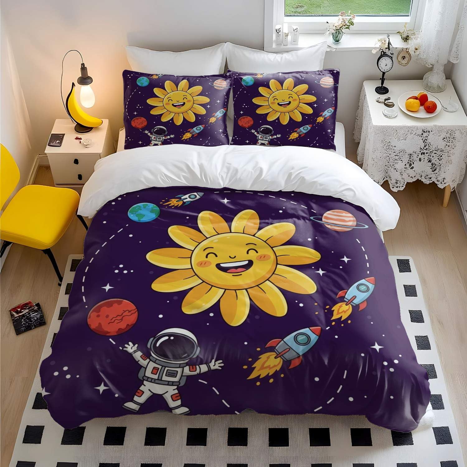Housse de couette imprimée 3D UFO Rocket en grand format rétro